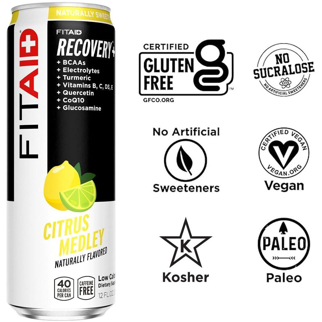 Fitaid Recovery Blend, Bcaas, Vitamin B6, B12, Glucosamine, Electrolytes, 100% Clean, Paleo, B-Complex, Citrus Medley, No Sucralose, 12-Oz. Cans (Pack Of 12)