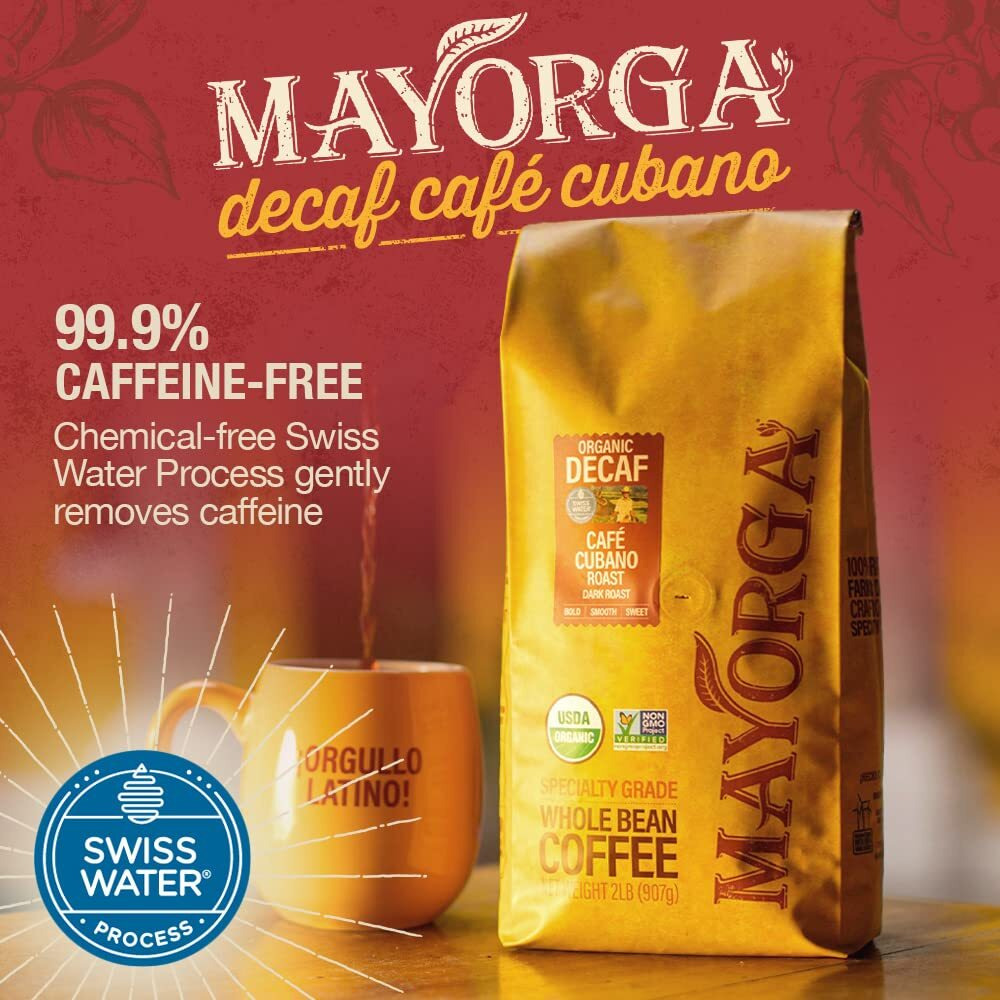 Mayorga Decaf Dark Roast Coffee 2Lb Bag Caf   Swiss Water Decaffeinated Cubano Roast Coffee - 100% Arabica Whole Coffee Beans - Smoothest Organic Coffee - Specialty Grade, Non-Gmo, Direct Trade