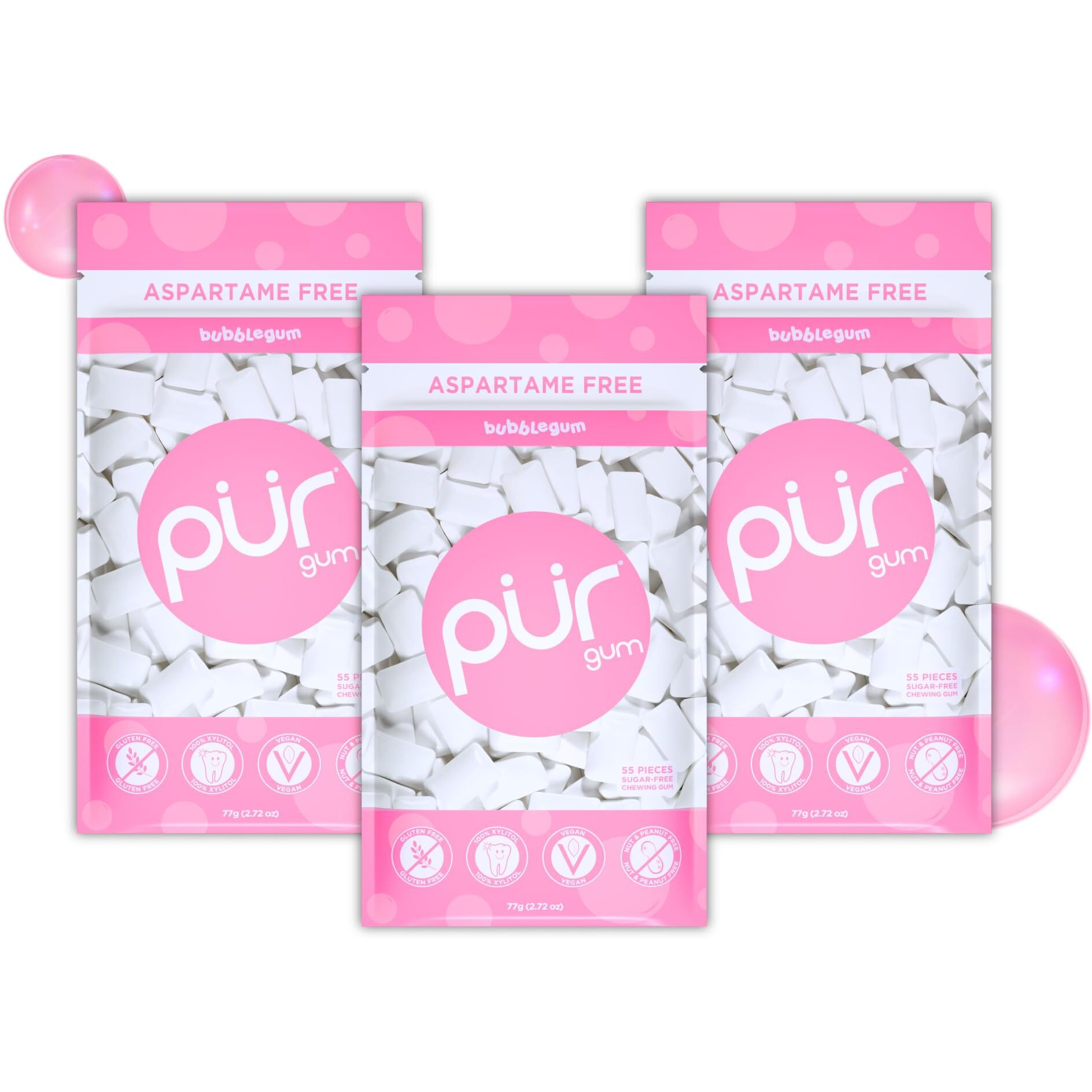 Pur Gum | Aspartame Free Chewing Gum | 100% Xylitol | Natural Bubblegum Flavored Gum, 55 Pieces (Pack Of 3)