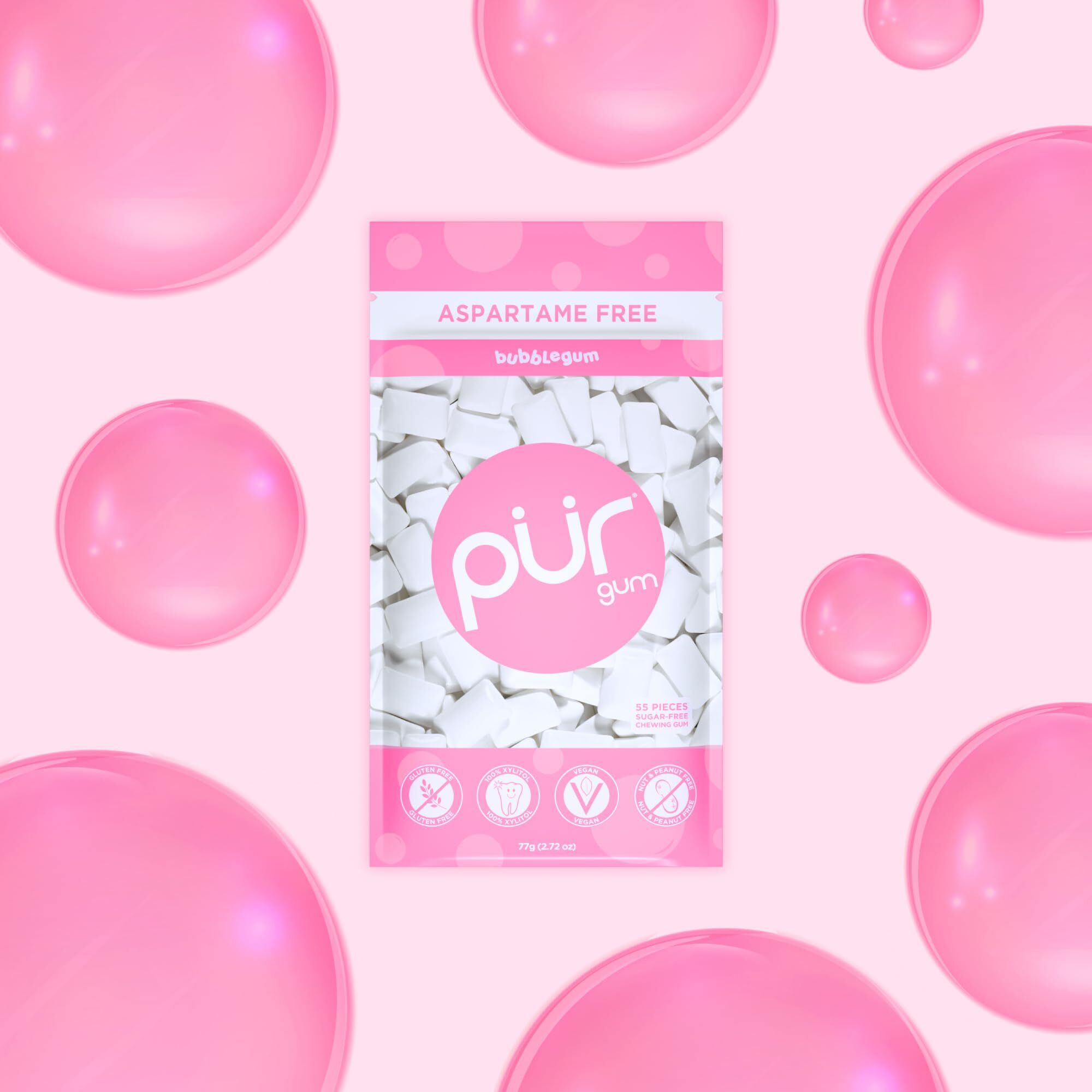 Pur Gum | Aspartame Free Chewing Gum | 100% Xylitol | Natural Bubblegum Flavored Gum, 55 Pieces (Pack Of 3)