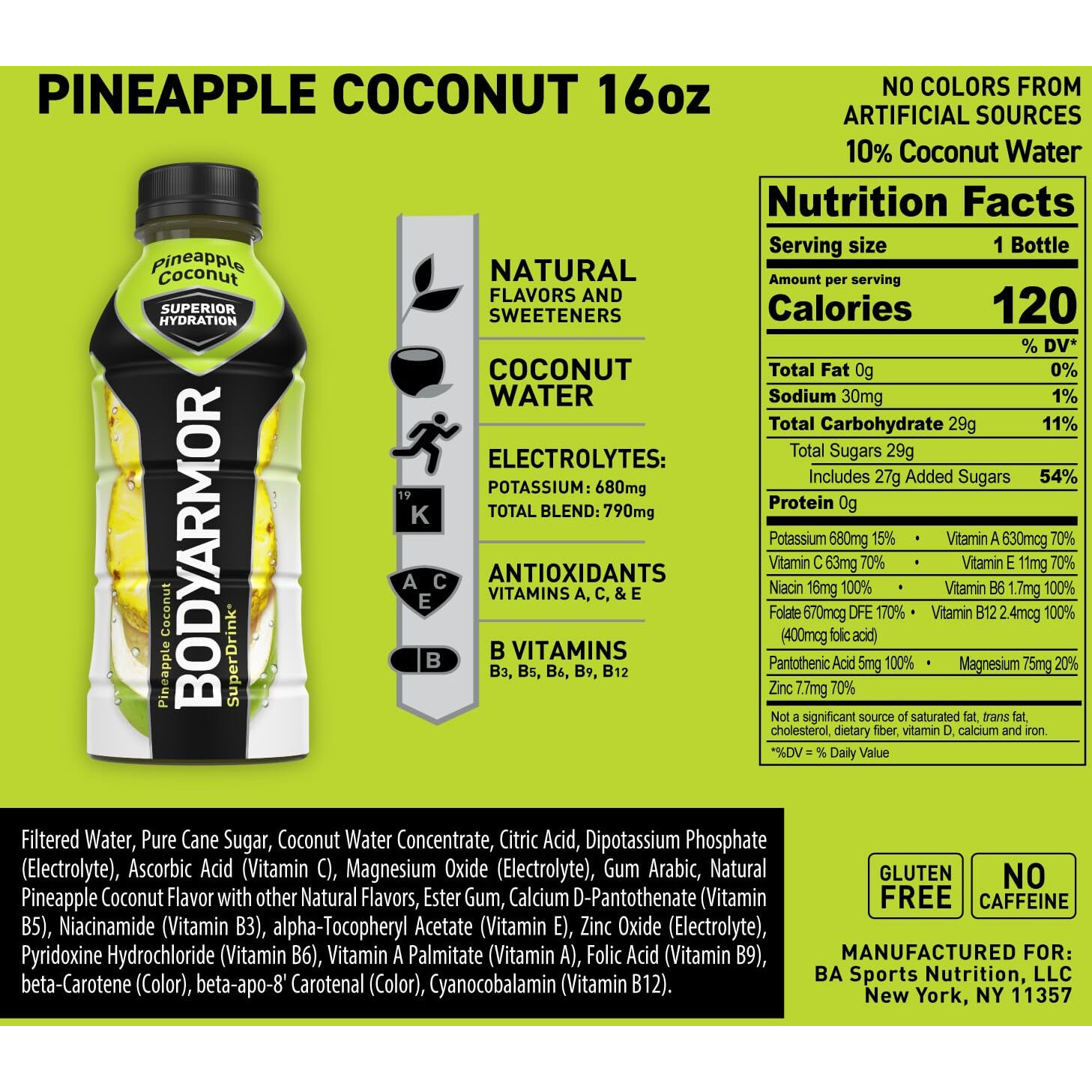 Bodyarmor Sports Drink Sports Beverage, Pineapple Coconut, Coconut Water Hydration, Natural Flavors With Vitamins, Potassium-Packed Electrolytes, Perfect For Athletes, 16 Fl Oz (Pack Of 12)