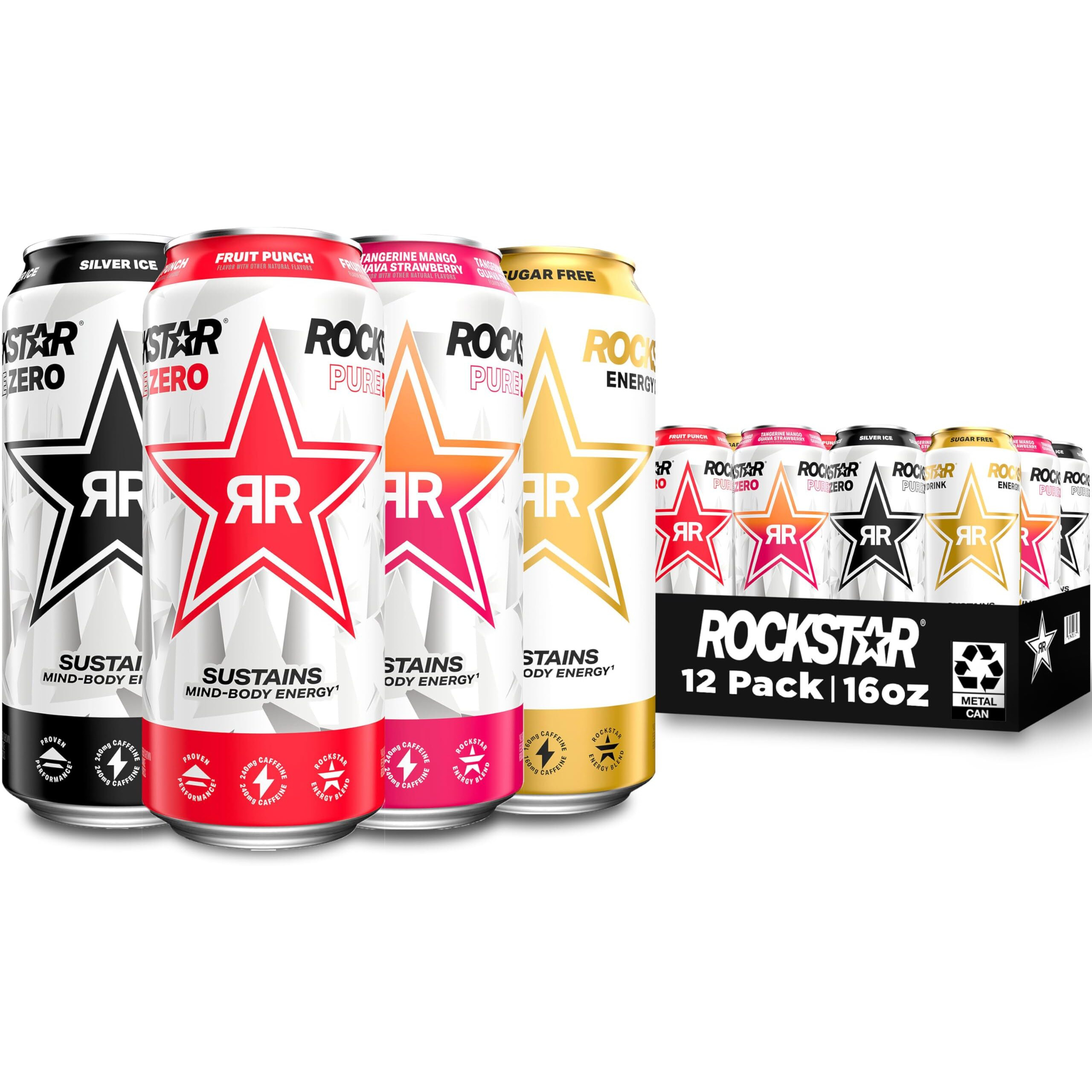 Rockstar Pure Zero Energy Drink,4 Flavor Pure Zero Variety Pack, 0 Sugar, With Caffeine And Taurine, 16Oz Cans (12 Pack) (Packaging May Vary)