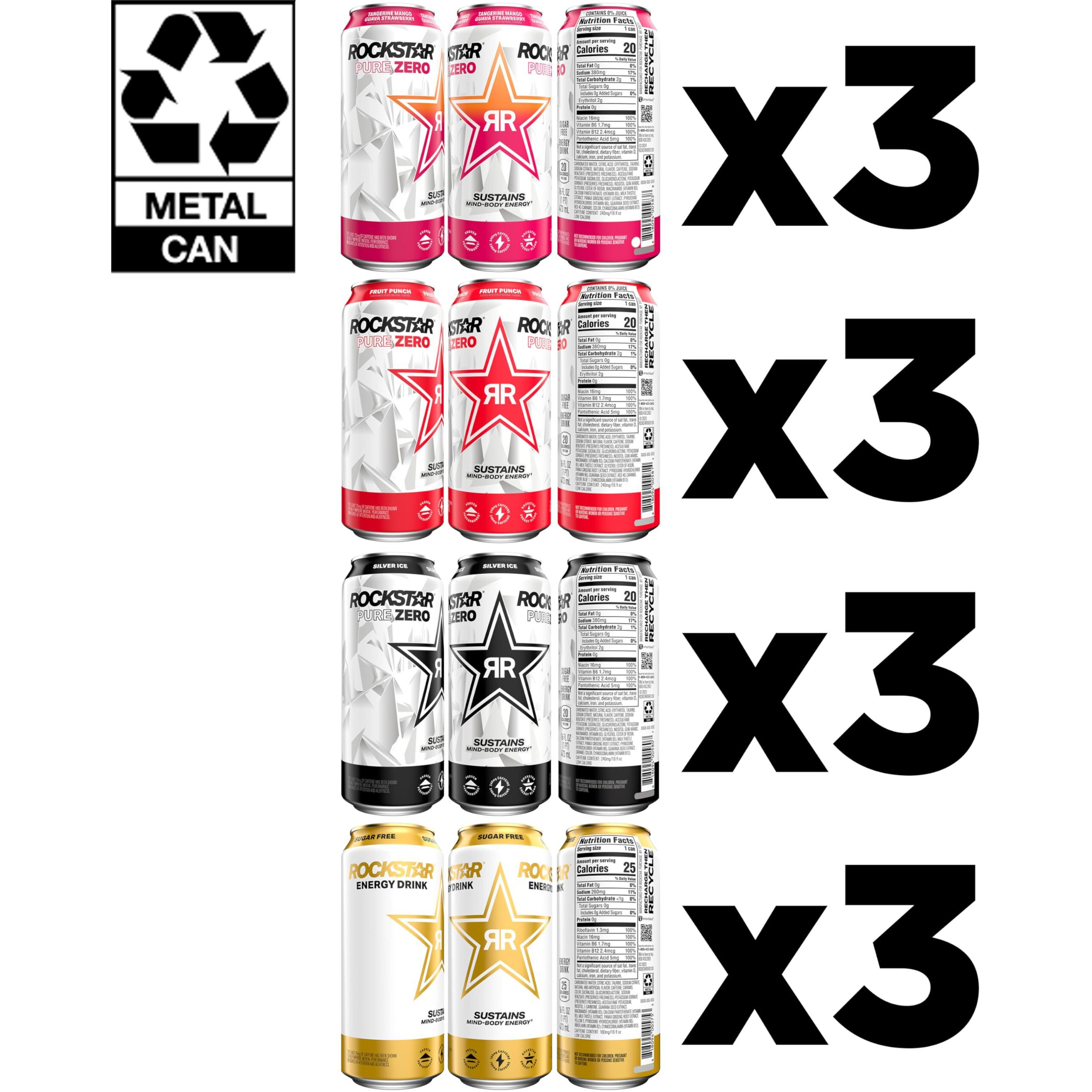 Rockstar Pure Zero Energy Drink,4 Flavor Pure Zero Variety Pack, 0 Sugar, With Caffeine And Taurine, 16Oz Cans (12 Pack) (Packaging May Vary)