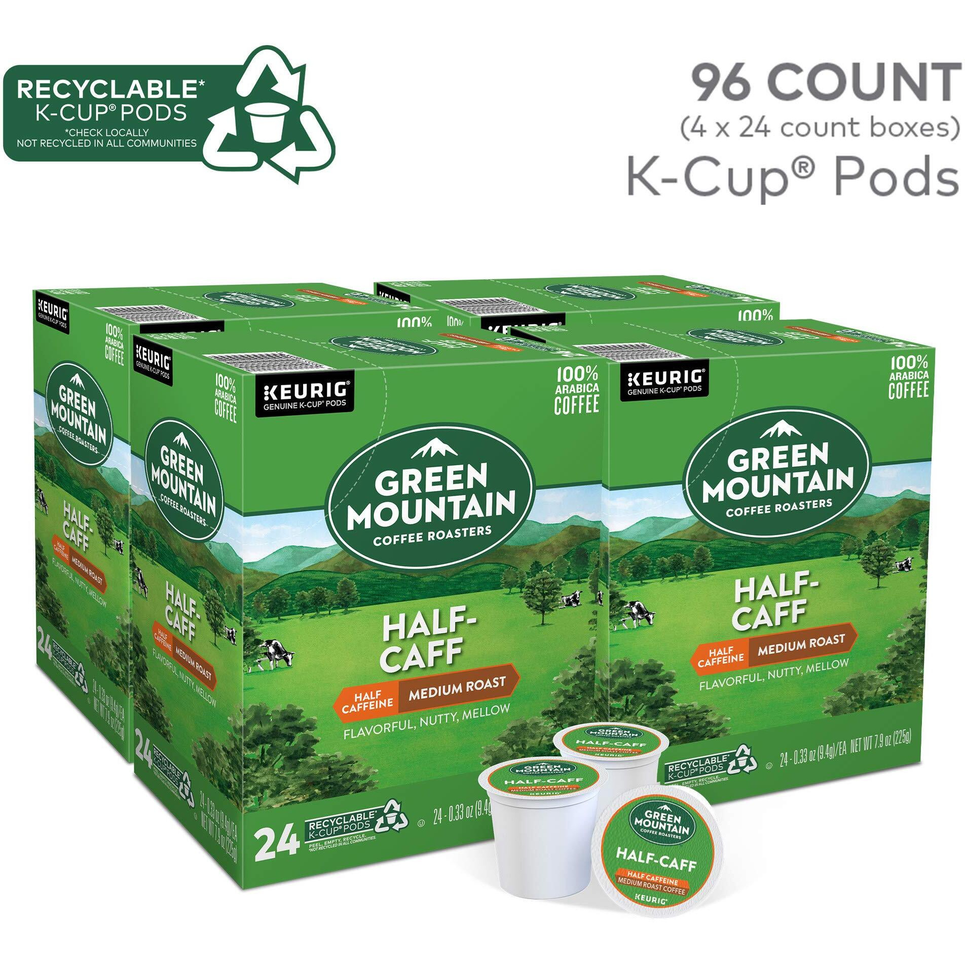 Green Mountain Coffee Roasters Half Caff Coffee, Keurig Single-Serve K-Cup Pods, Medium Roast, 96 Count (4 Packs Of 24)