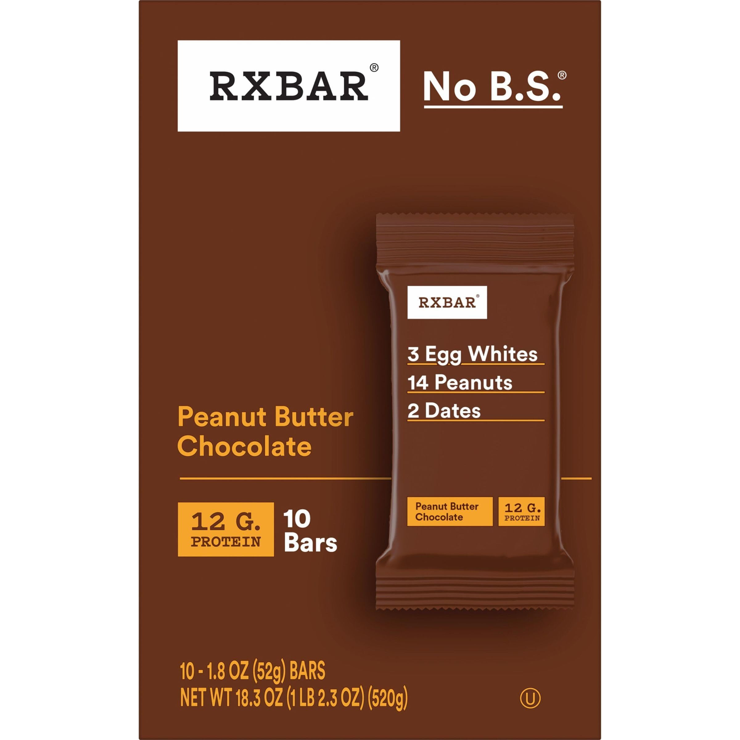Rxbar Protein Bars, Protein Snack, Snack Bars, Peanut Butter Chocolate, 18.3Oz Box (10 Bars)