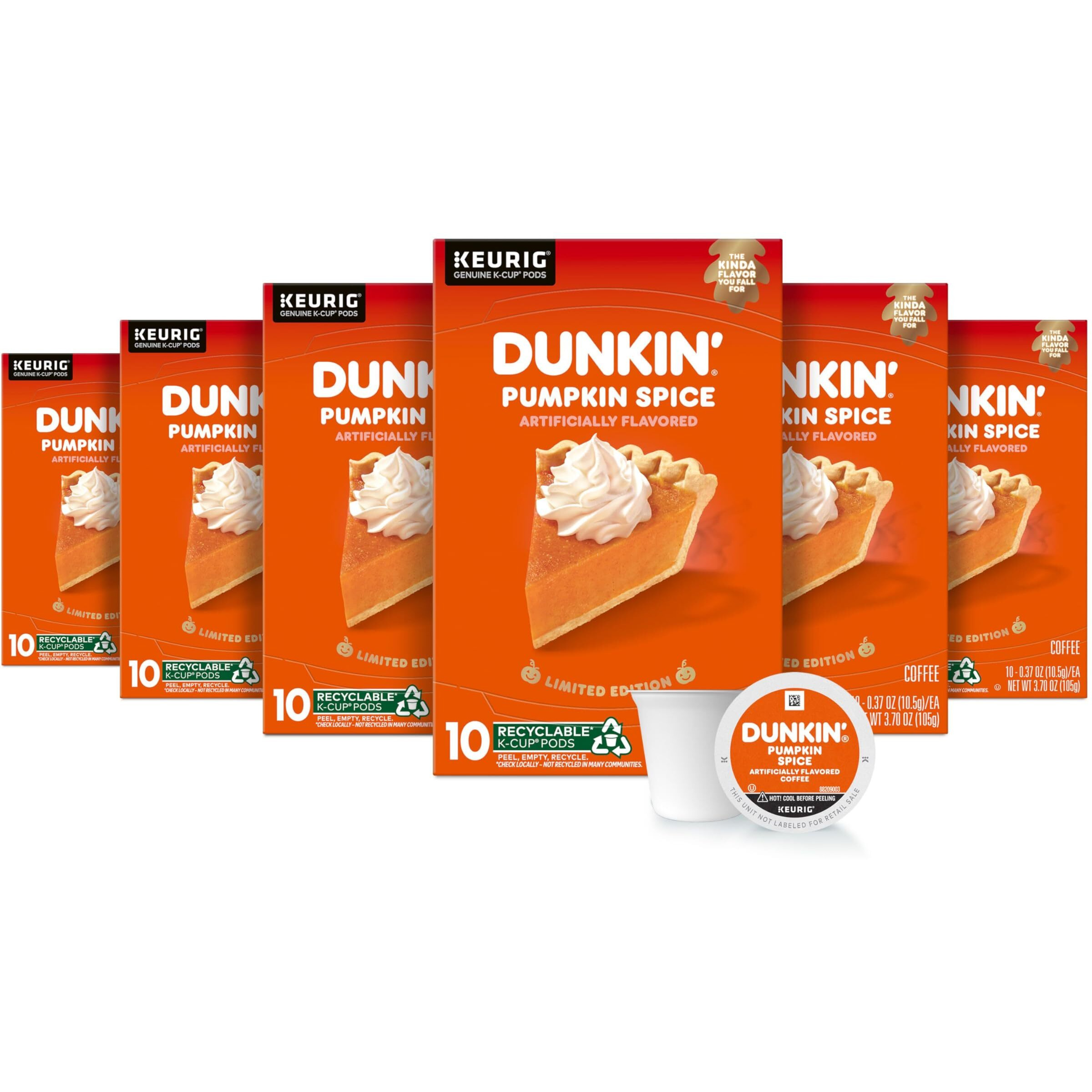 Dunkin Pumpkin Spice Coffee, Limited Edition Fall Coffee, K Cup Pods , 10 Count Boxes (Pack Of 6)