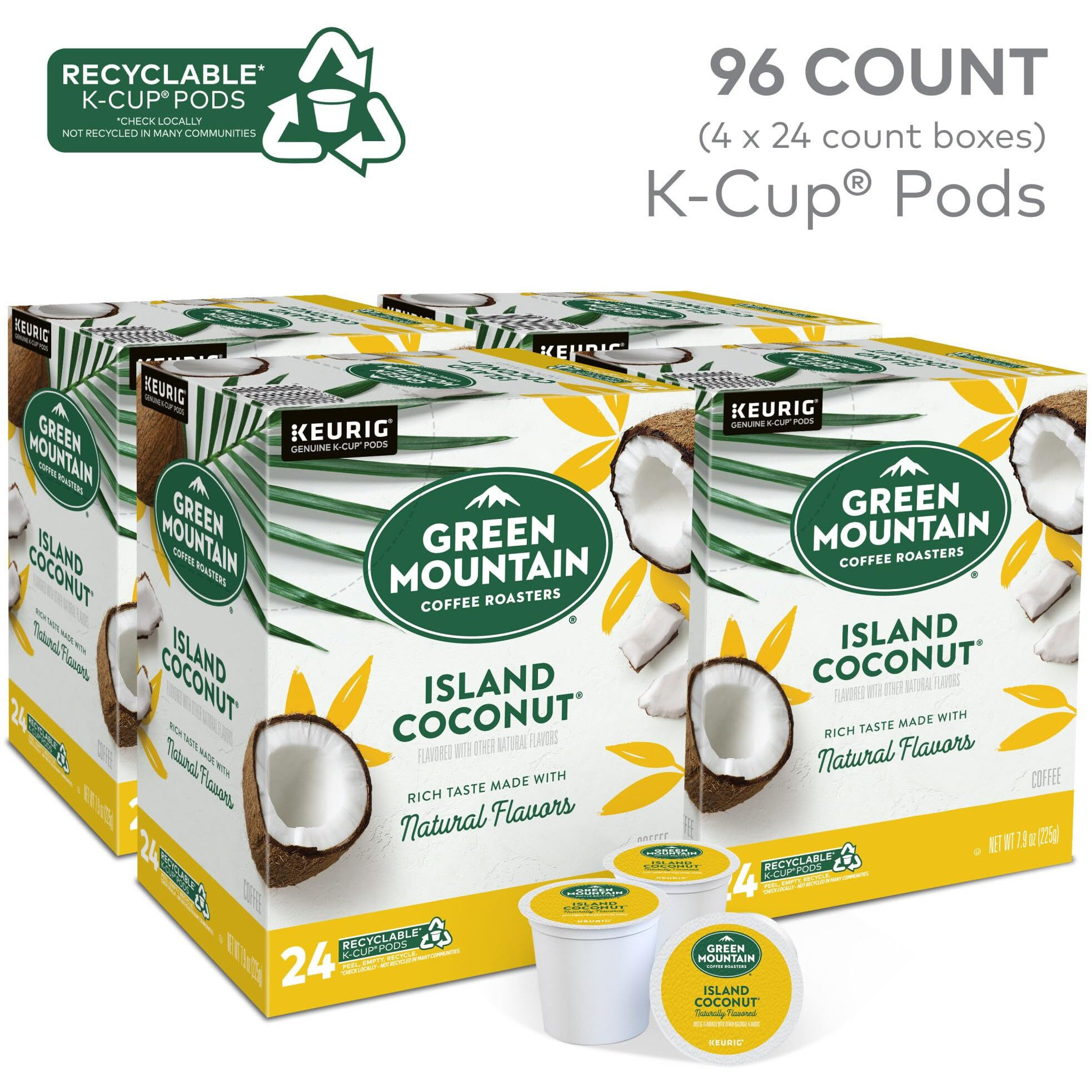 Green Mountain Coffee Roasters Island Coconut Keurig Single-Serve K-Cup Pods, Light Roast Coffee, 96 Count (4 Packs Of 24)