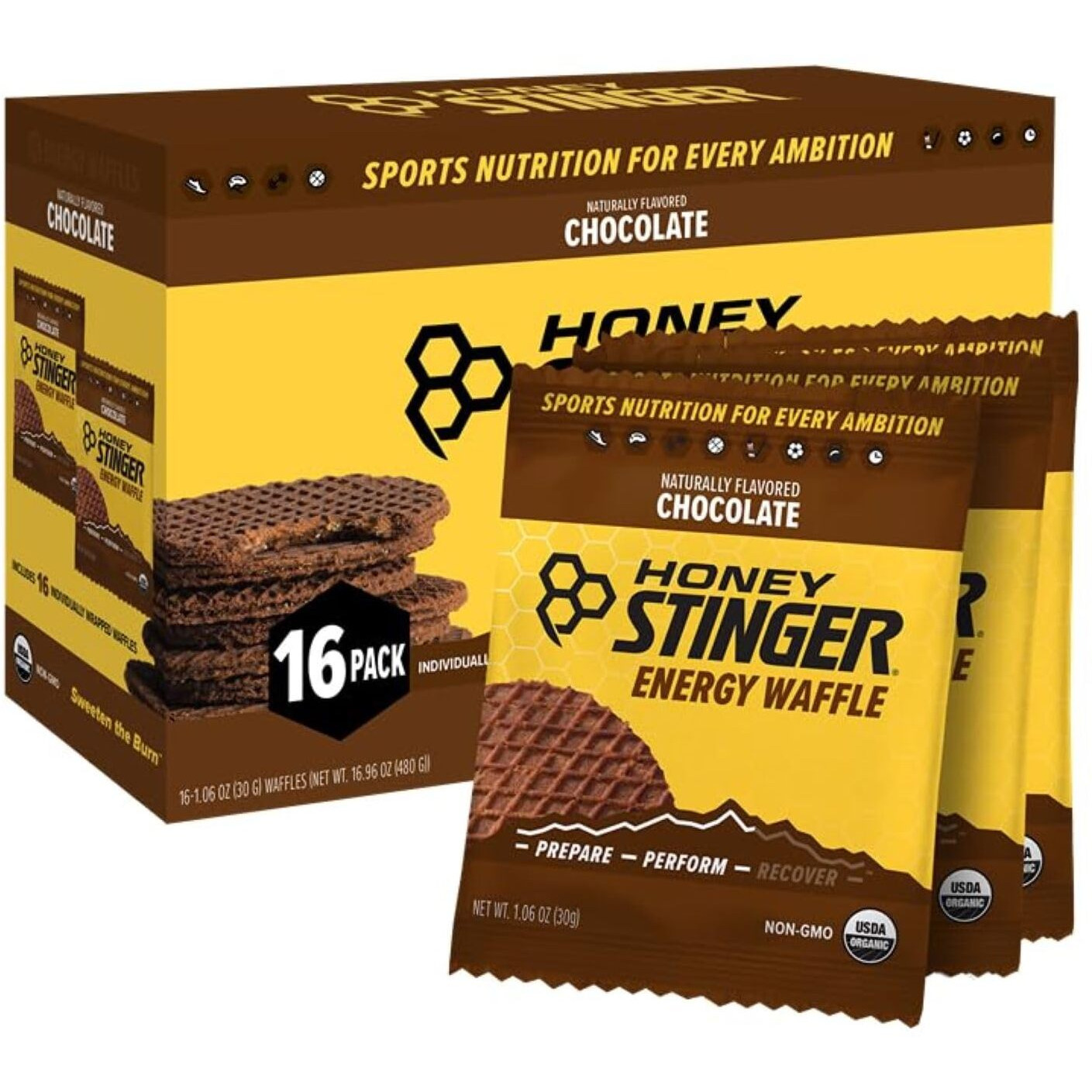 Honey Stinger Organic Chocolate Waffle | Energy Stroopwafel For Exercise, Endurance And Performance | Sports Nutrition For Home & Gym, Pre And Post Workout | Box Of 16 Waffles, 16.96 Ounce
