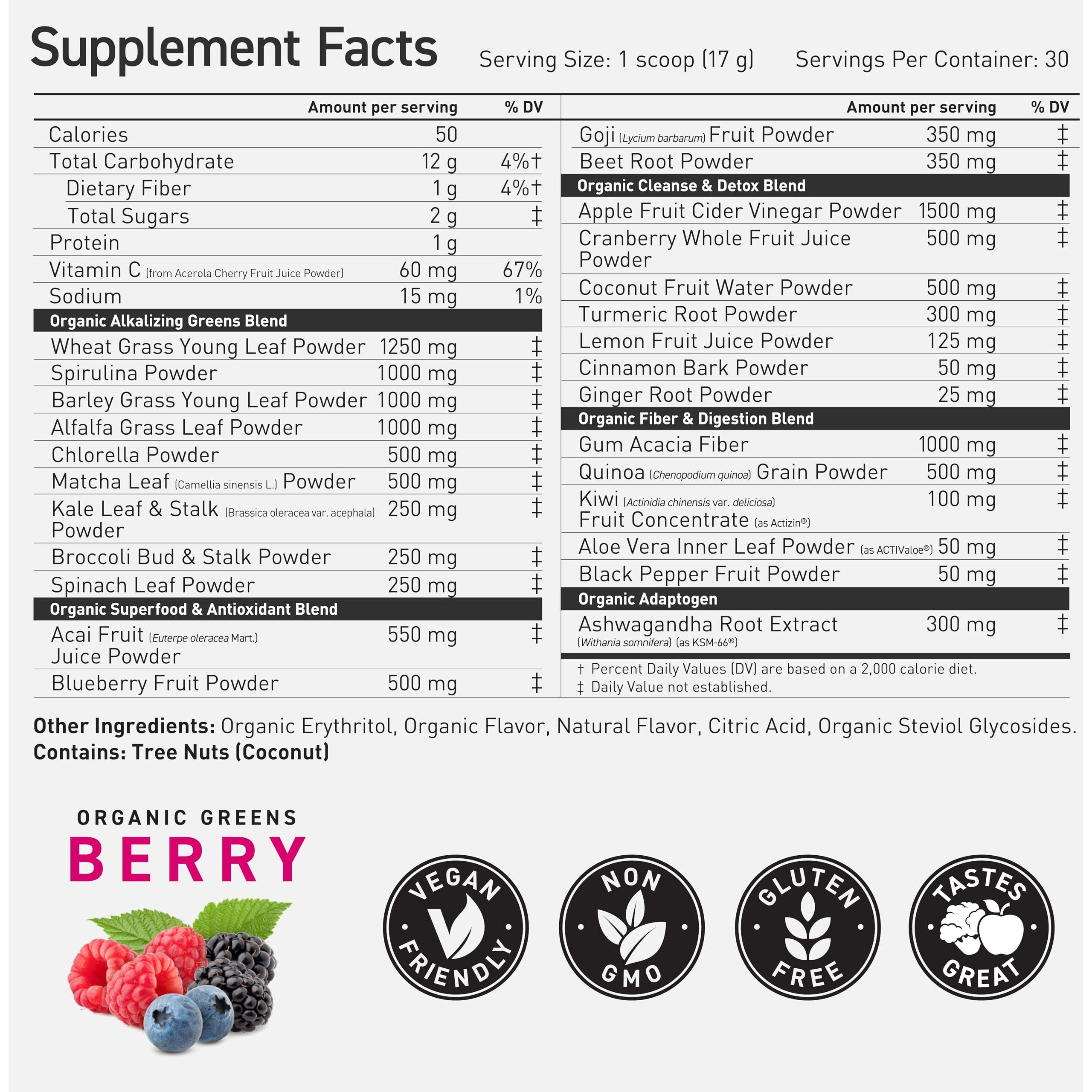 Kaged Organic Greens Superfood Powder | Outlive100 Berry | Supergreens | Apple Cider Vinegar | Ashwagandha | 30 Servings