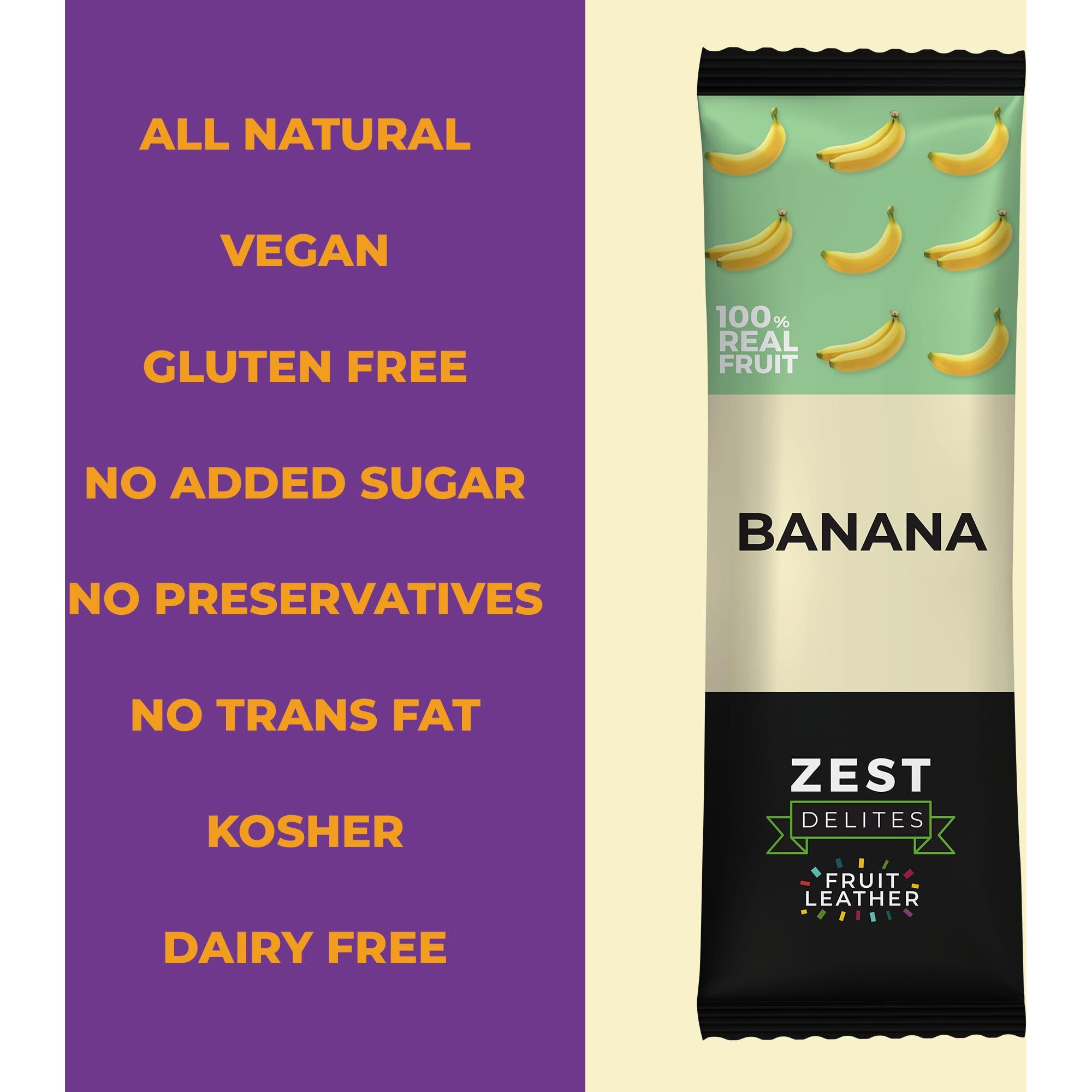 Fruit Snacks By Zest Delites, Fruit Leather, Banana Fruit Bars, Healthy Snacks For Adults, Dried Fruit No Sugar Added, Apple-Based, Banana, 0.88 Oz X 10