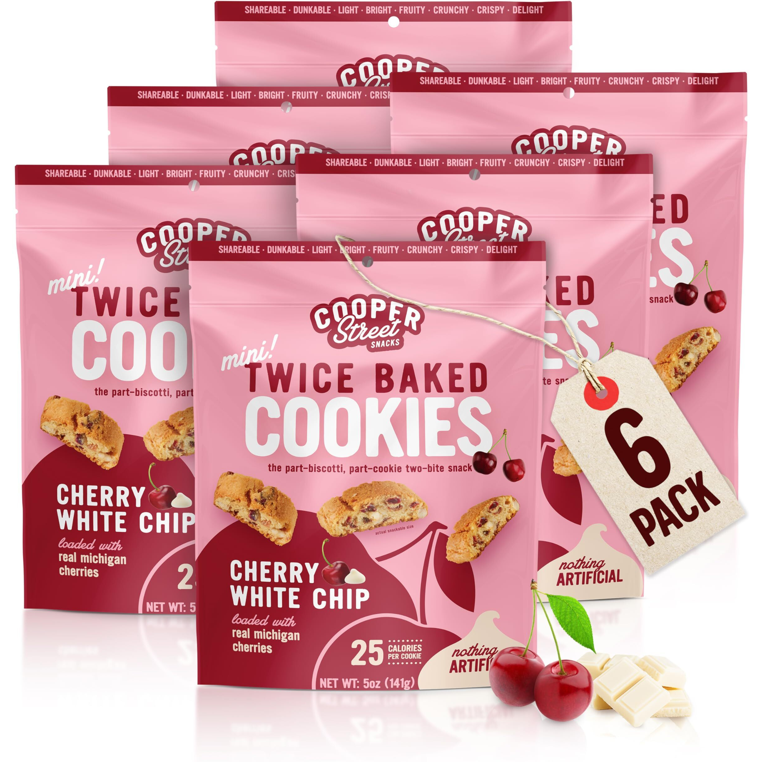 Cooper Street Italian Biscotti Cookies - Twice Baked Biscotti Style Cookie Biscuits In Delicious Cherry White Chunk Flavor | Crispy, Light And Healthy Cookies | Peanut & Dairy Free | 5 Ounce |Pack Of 6