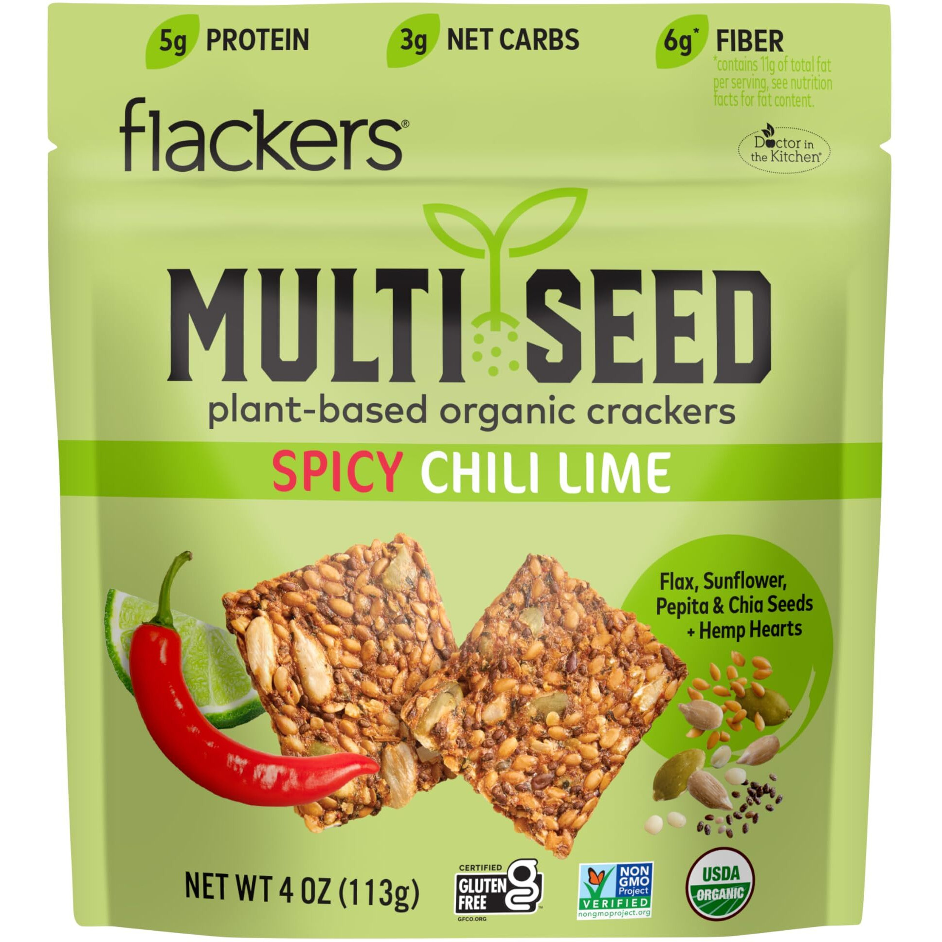 Flackers Organic Spicy Chili Lime Multi-Seed Crackers, 4 Ounce 1-Pack, Gluten Free, Non Gmo, Vegan, Keto Snack, 5G Protein, 6G Fiber, 3G Net Carbs