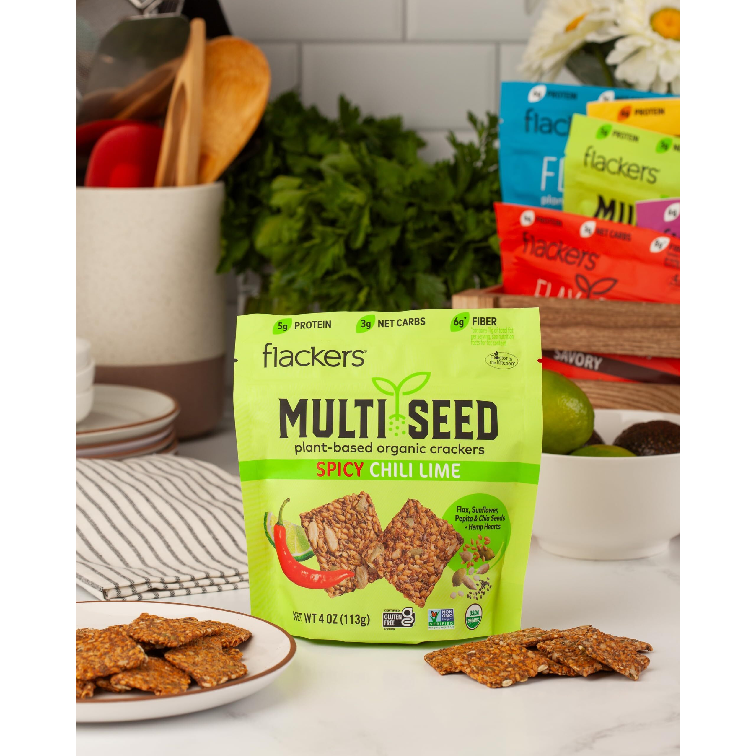 Flackers Organic Spicy Chili Lime Multi-Seed Crackers, 4 Ounce 1-Pack, Gluten Free, Non Gmo, Vegan, Keto Snack, 5G Protein, 6G Fiber, 3G Net Carbs