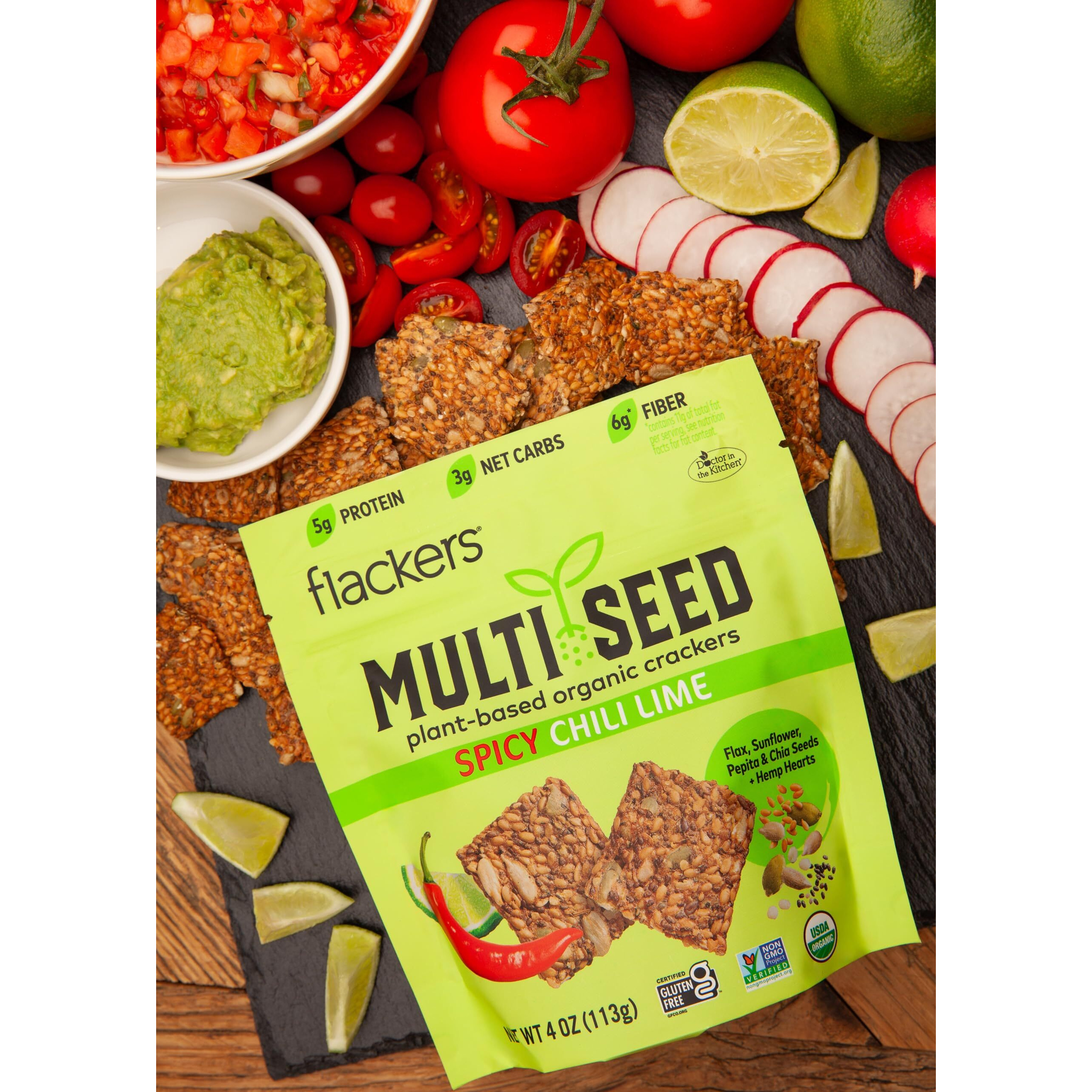 Flackers Organic Spicy Chili Lime Multi-Seed Crackers, 4 Ounce 1-Pack, Gluten Free, Non Gmo, Vegan, Keto Snack, 5G Protein, 6G Fiber, 3G Net Carbs