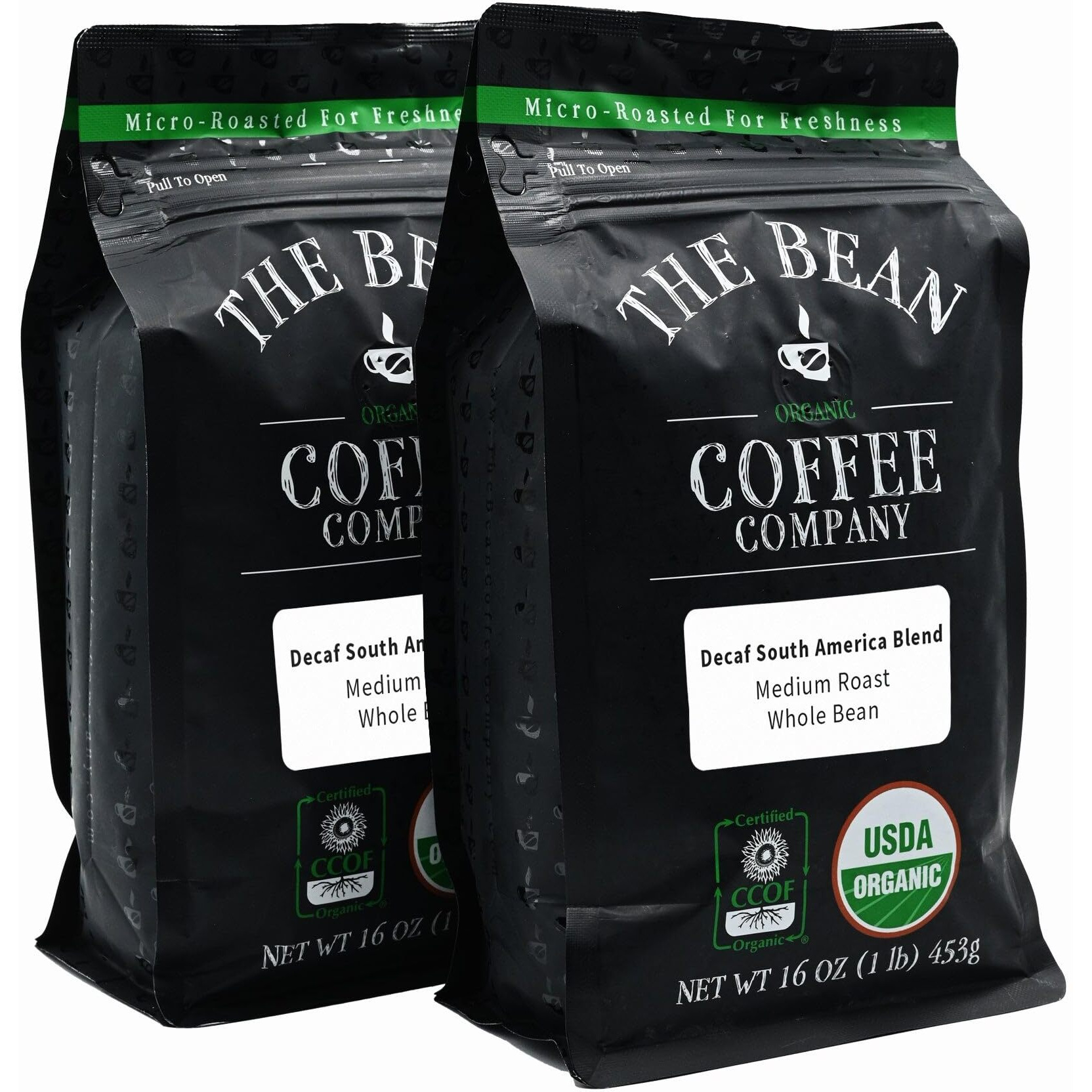 The Bean Organic Coffee Company Water Processed Decaf South America Blend, Medium Roast, Whole Bean Coffee, 16-Ounce Bags (Pack Of 2)