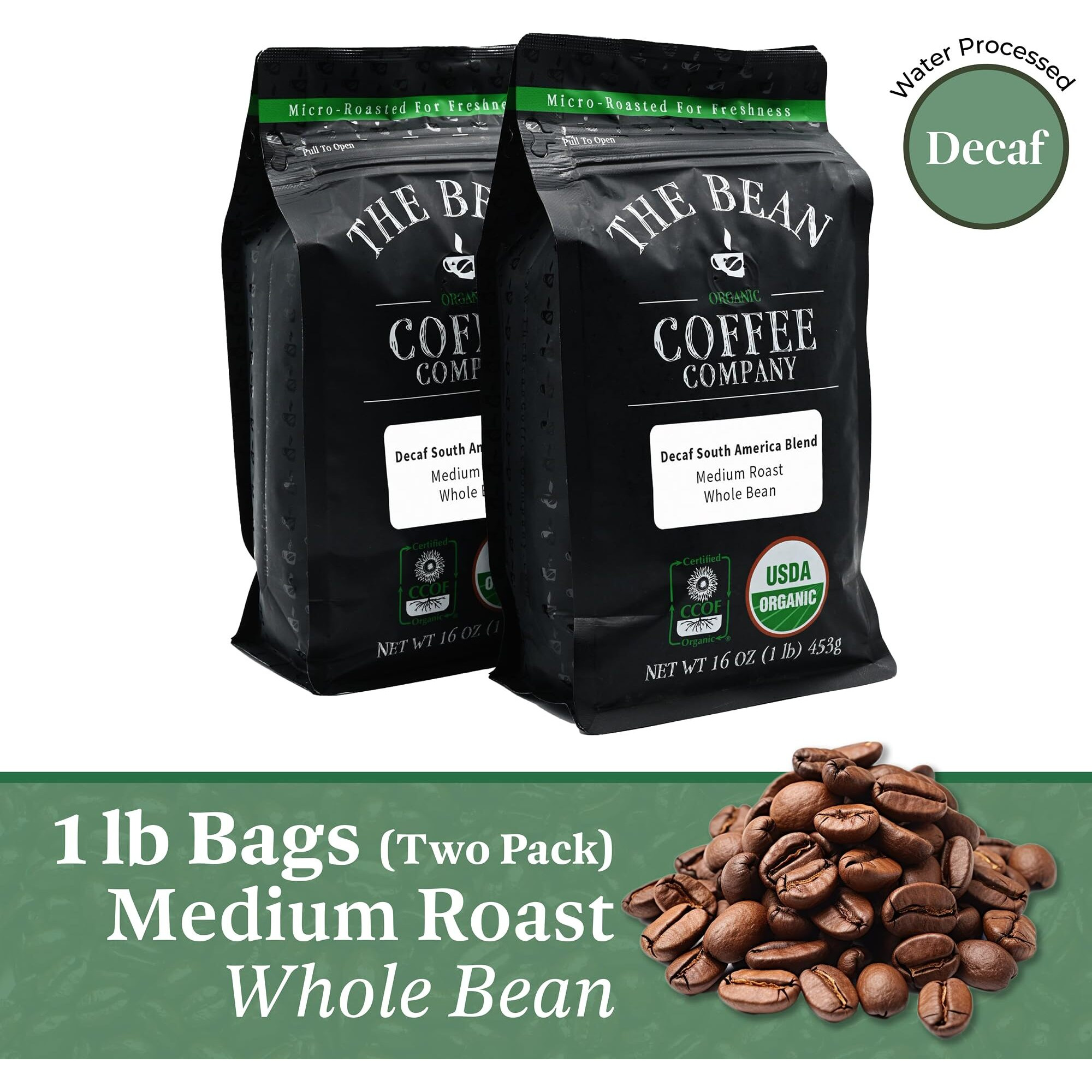 The Bean Organic Coffee Company Water Processed Decaf South America Blend, Medium Roast, Whole Bean Coffee, 16-Ounce Bags (Pack Of 2)