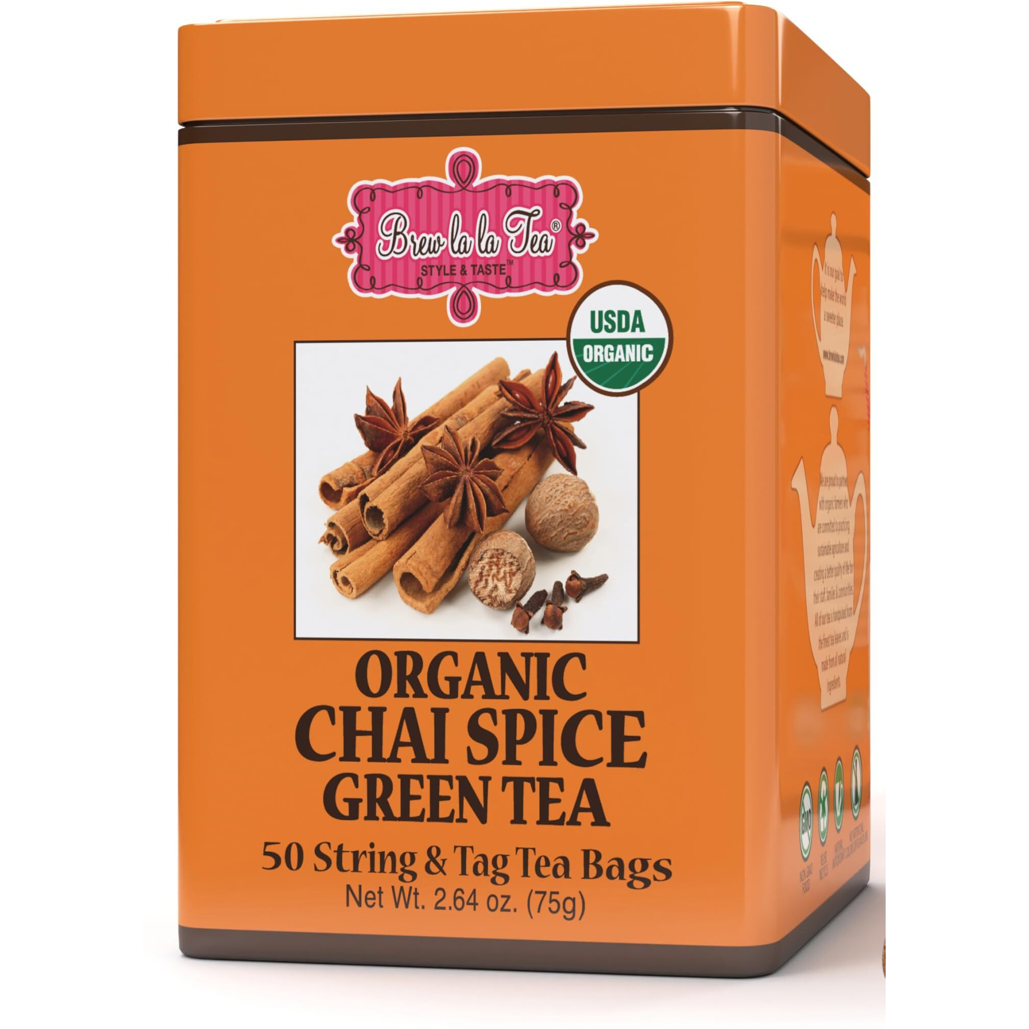 Brew La La Organic Green Tea - Chai Spice Flavor - 50 Tea Bag Tin - Low Caffeine Gourmet Tea - Usda Certified Organic