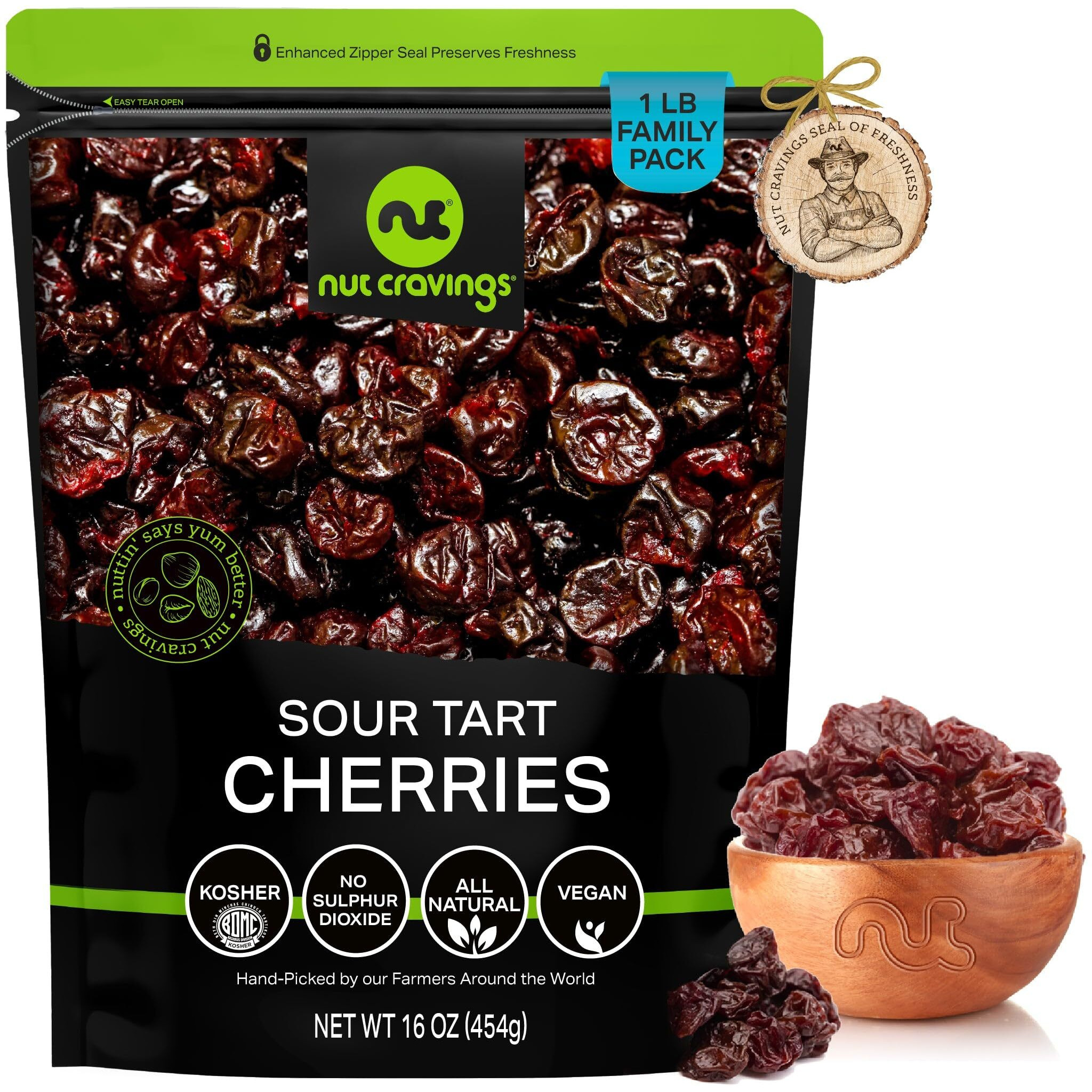 Nut Cravings Dry Fruits - Sun Dried Sour Tart Cherries, Lightly Sweetened (16Oz - 1 Lb) Packed Fresh In Resealable Bag - Sweet Snack, Healthy Food, All Natural, Vegan, Kosher Certified