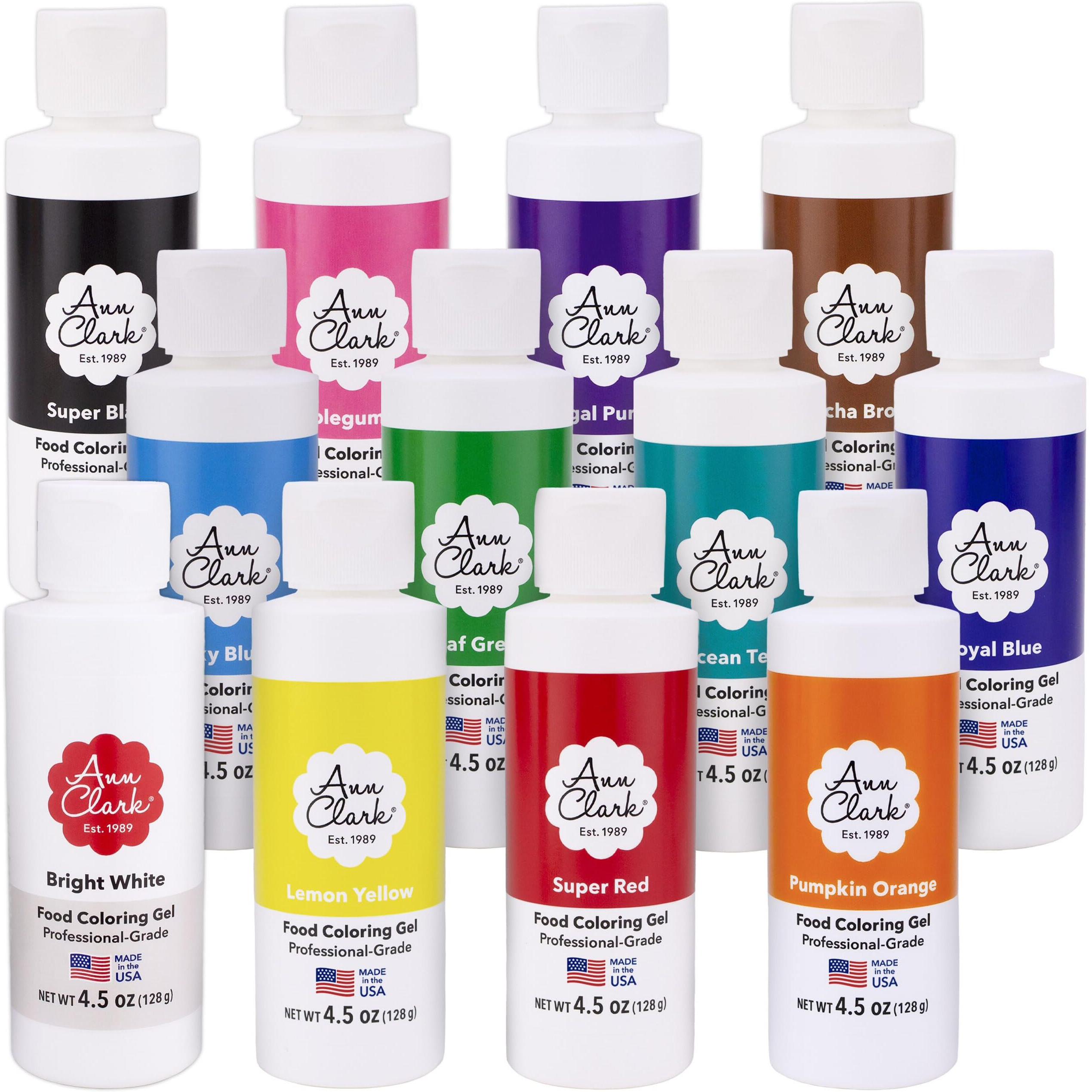 Ann Clark Professional Grade Food Coloring Gel Large 4.5 Oz Bottles 12 Color Set Made In Usa