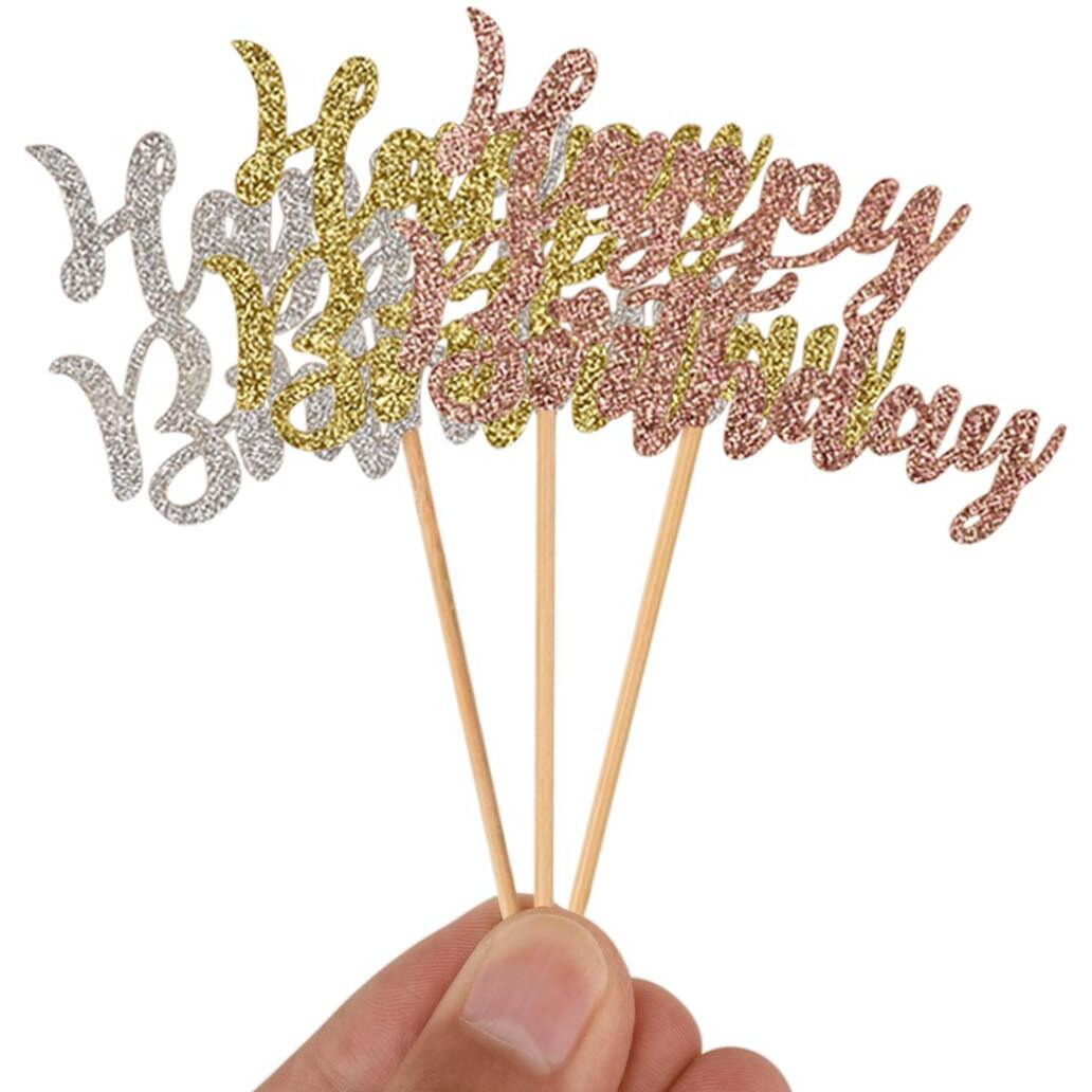 Donoter 48 Pcs Glitter Happy Birthday Cupcake Toppers Cake Picks For Birthday Party Decoration Supplies