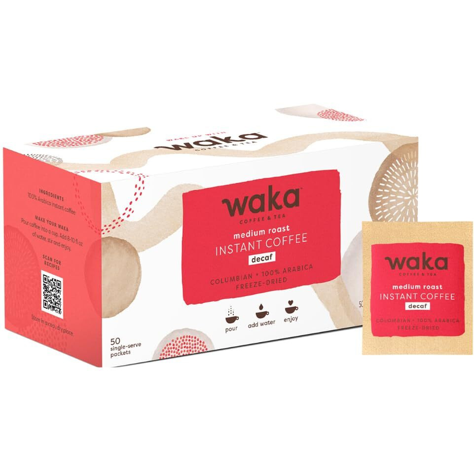 Waka Instant Coffee, Decaffeinated Medium Roast - 100% Arabica Colombian Beans, Freeze Dried Granules, No Additives - Single Serve Packets For Quick Hot And Iced Coffees (50 Individual Coffee Packets)