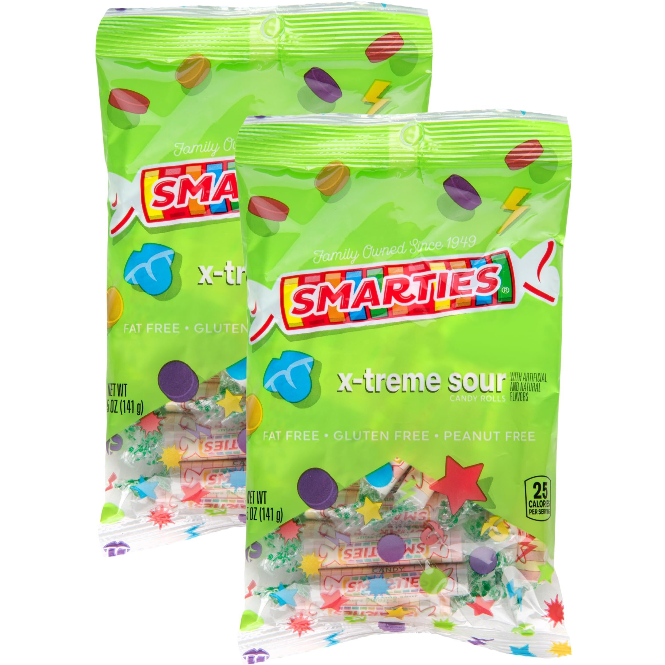 Smarties X-Treme Sour Sugar Candy | Gluten Free Peanut Free Dairy Free | Vegan Friendly Halloween Treat | Made By Smarties Candy In The Usa Individually Wrapped - 5 Oz Bags (Pack Of 2)