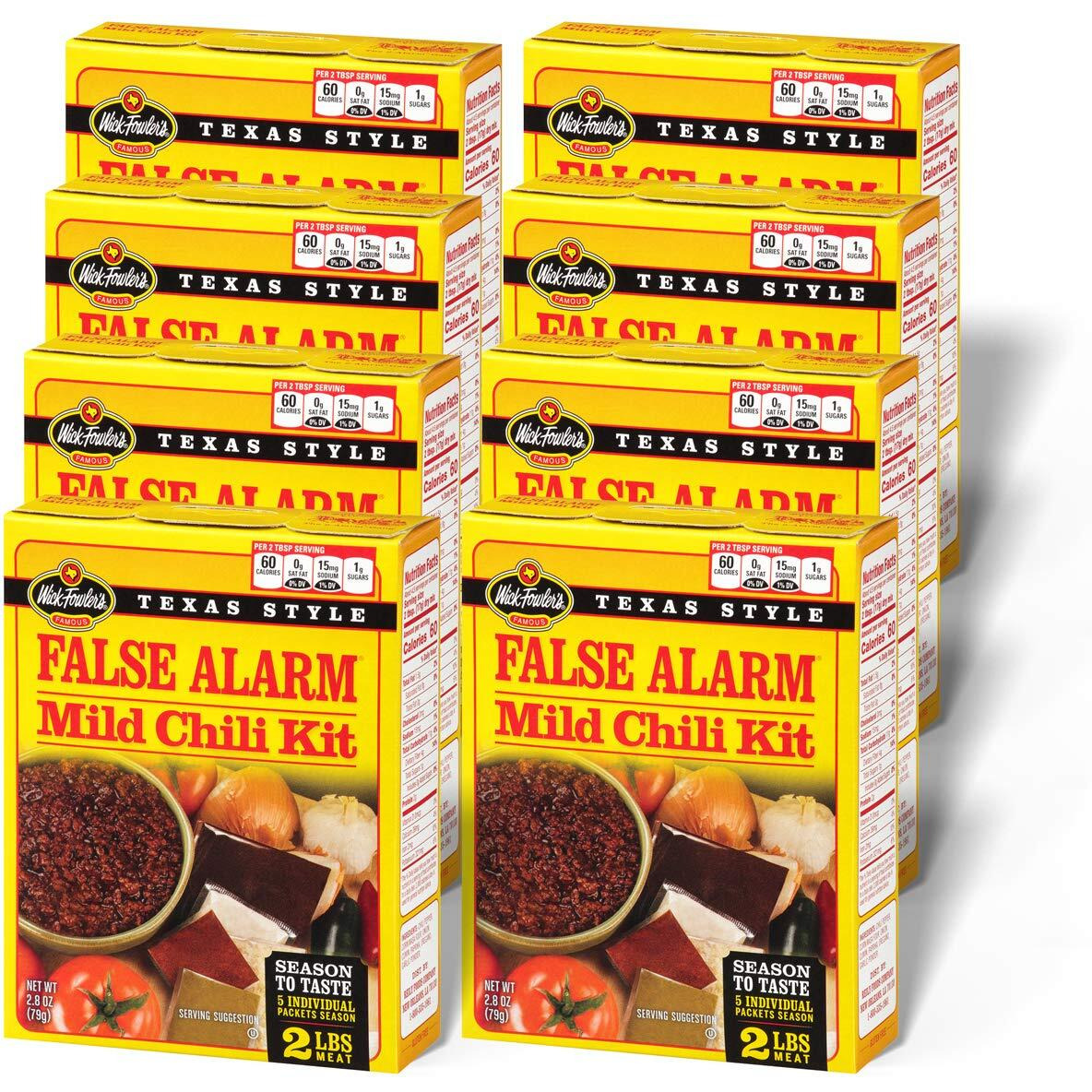 Wick Fowler's False Alarm Mild Chili Kit, Texas Style Chili Seasoning Mix With Individual Packs Of Spices, 2.8Oz Box (Pack Of 8)