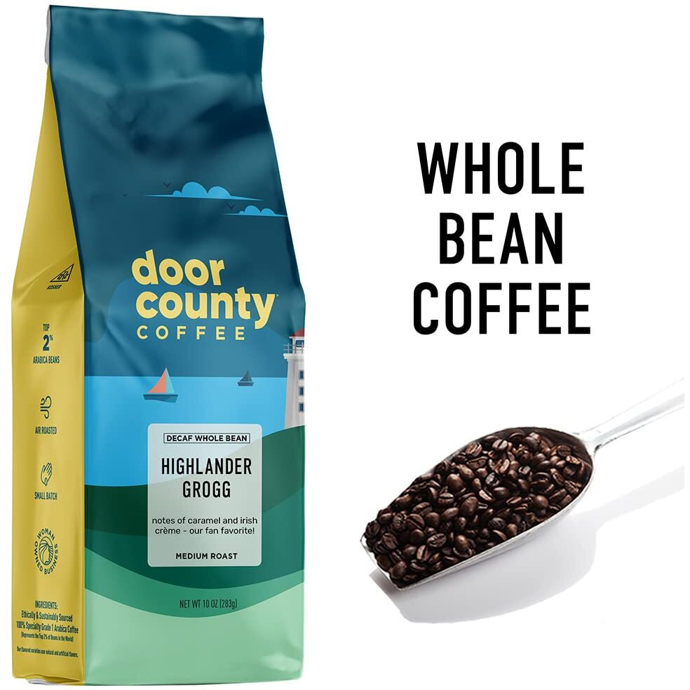 Door County Coffee Highlander Grogg Decaf Flavored Coffee Whole Bean | 10 Oz Bag | Medium Roast | 100% Specialty Arabica Coffee | Flavored Gourmet Coffee | Highlander Grogg Decaf
