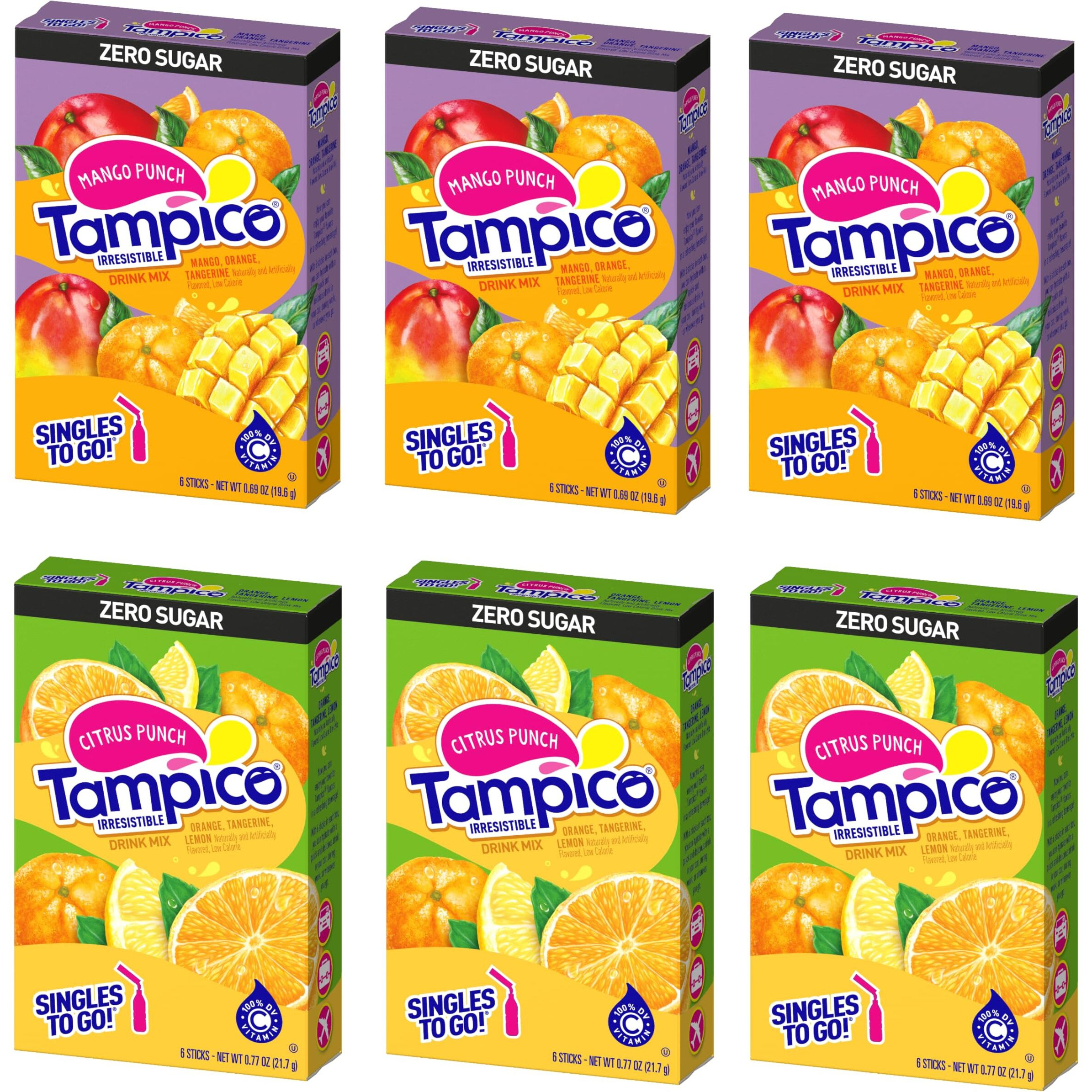 Tampico Variety Pack - Singles To Go Powdered Drink Mix - Pack Of 6-3 Boxes Of Mango Punch And 3 Boxes Of Citrus Punch - Excellent Source Of Vitamin D And Zero Sugar