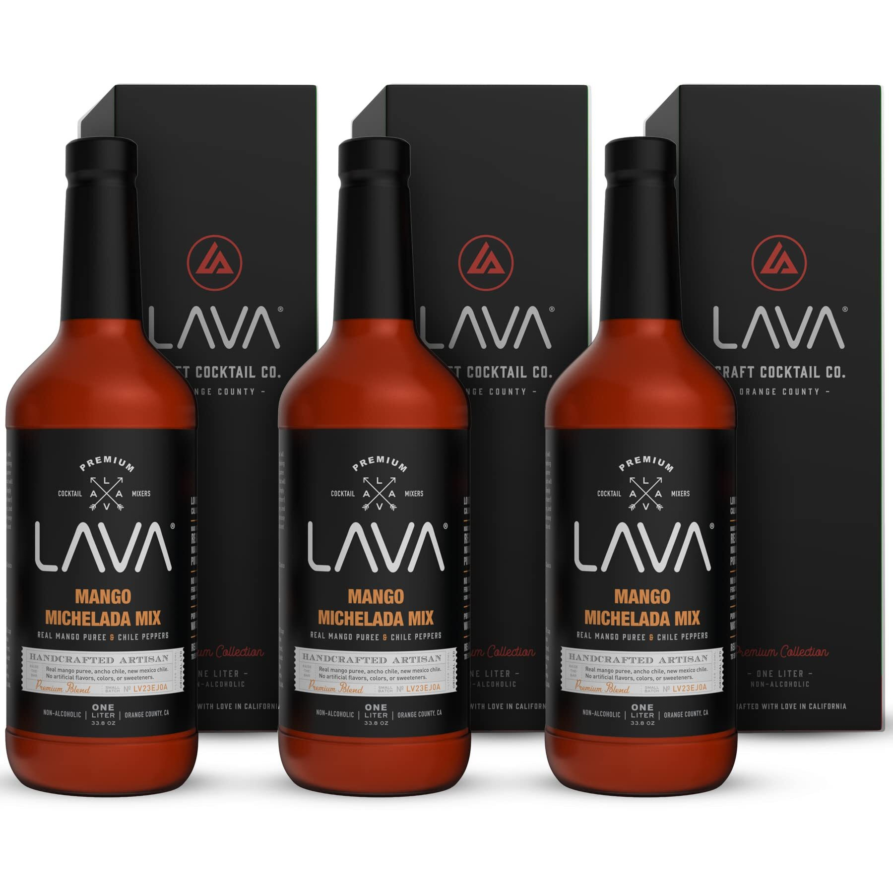 (3-Pack) Lava Premium Mango Michelada Mix Made With Real Mango Puree, Ancho Chile Peppers, New Mexico Chile, Tamarind, Vegan, 1-Liter (33.8Oz) Glass Bottle, Ready To Use
