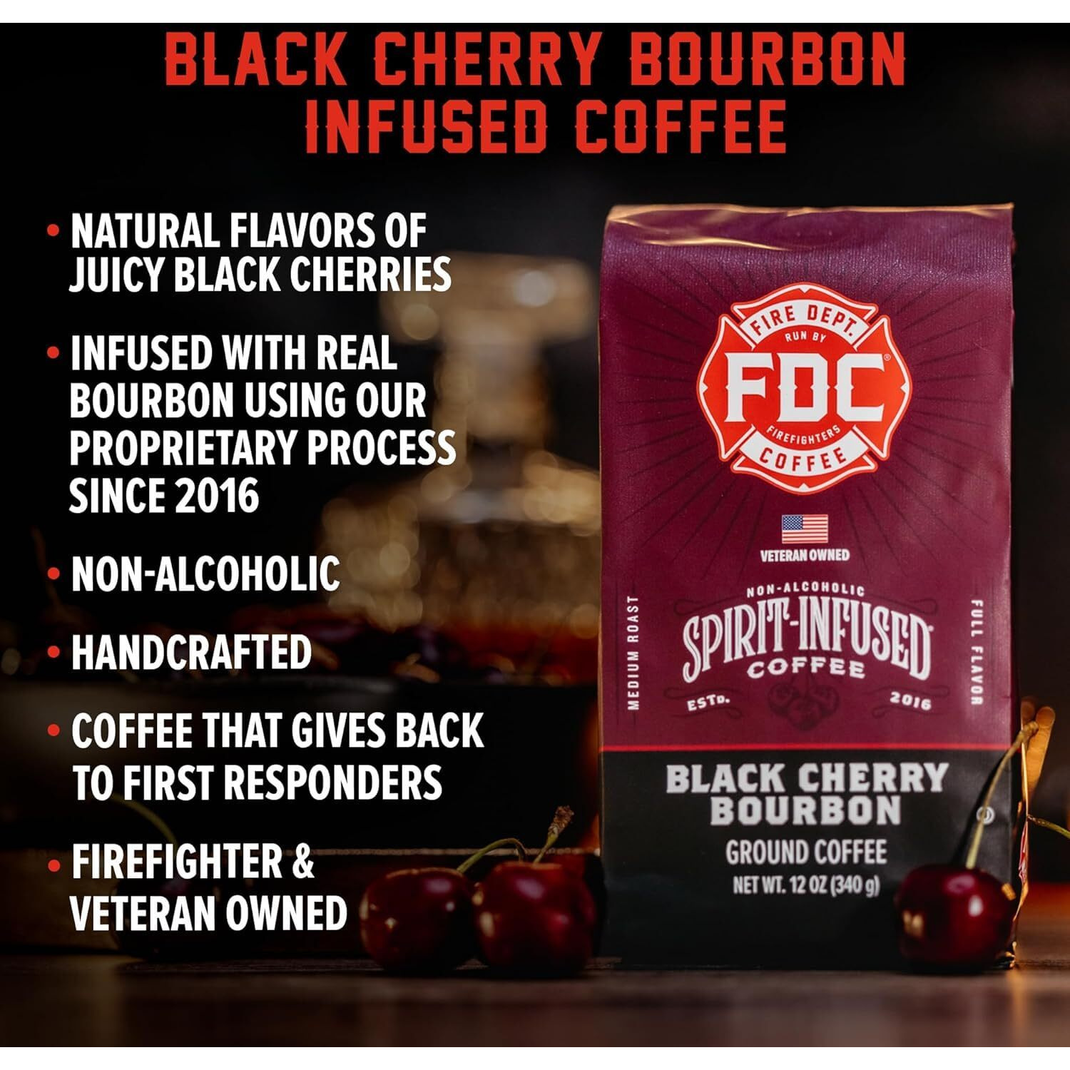 Fire Department Coffee - Black Cherry Bourbon Coffee - Gives Back To Firefighters - Premium Bourbon Infused Ground Coffee - Non-Alcoholic - Roasted In The Usa - Veteran Owned (12 Oz, Pack Of 2)