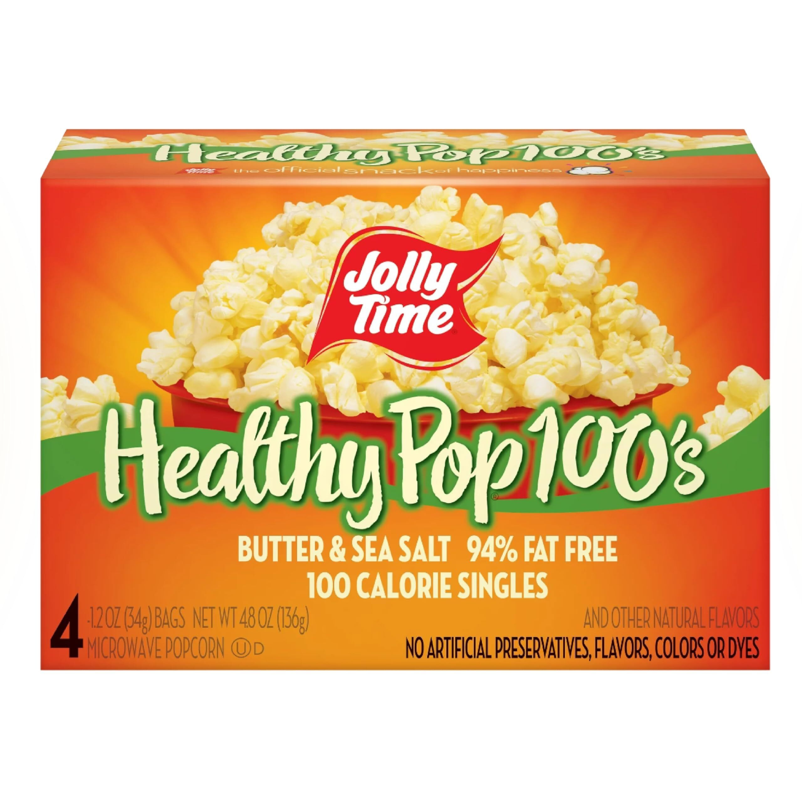 Jolly Time T Healthy Pop Microwave Popcorn, Low Fat Gluten Free Non-Gmo (Healthy Pop 100's - Butter & Sea Salt, 1.2 Ounce (Pack Of 4))