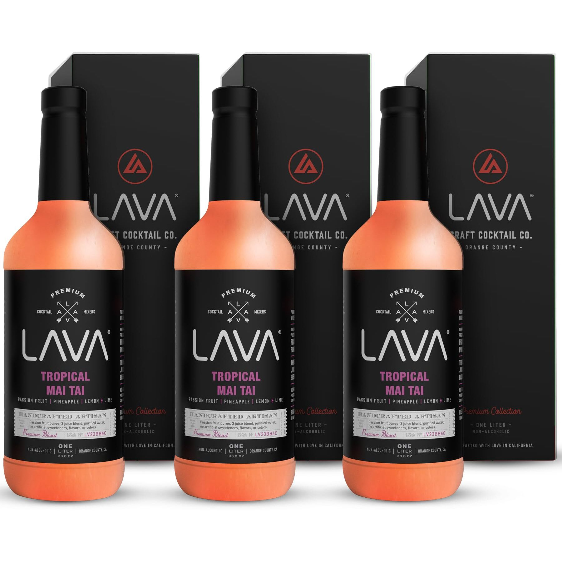 (3 Pack) Lava Premium Tropical Mai Tai Cocktail Mix Made With Real Passion Fruit, Pineapple, Lemon And Lime, No Artificial Sweeteners, 1-Liter (33.8Oz) Glass Bottle, Ready To Use.