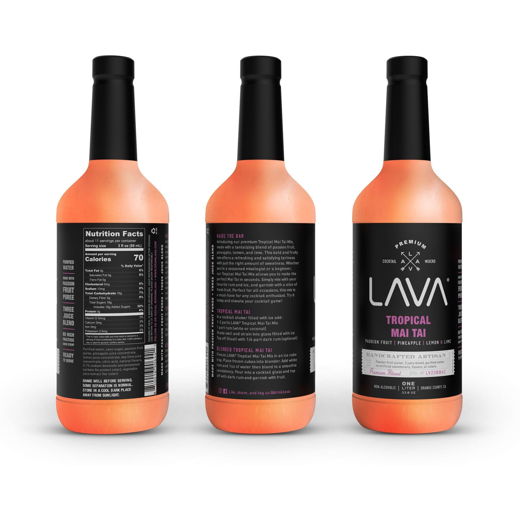 (3 Pack) Lava Premium Tropical Mai Tai Cocktail Mix Made With Real Passion Fruit, Pineapple, Lemon And Lime, No Artificial Sweeteners, 1-Liter (33.8Oz) Glass Bottle, Ready To Use.