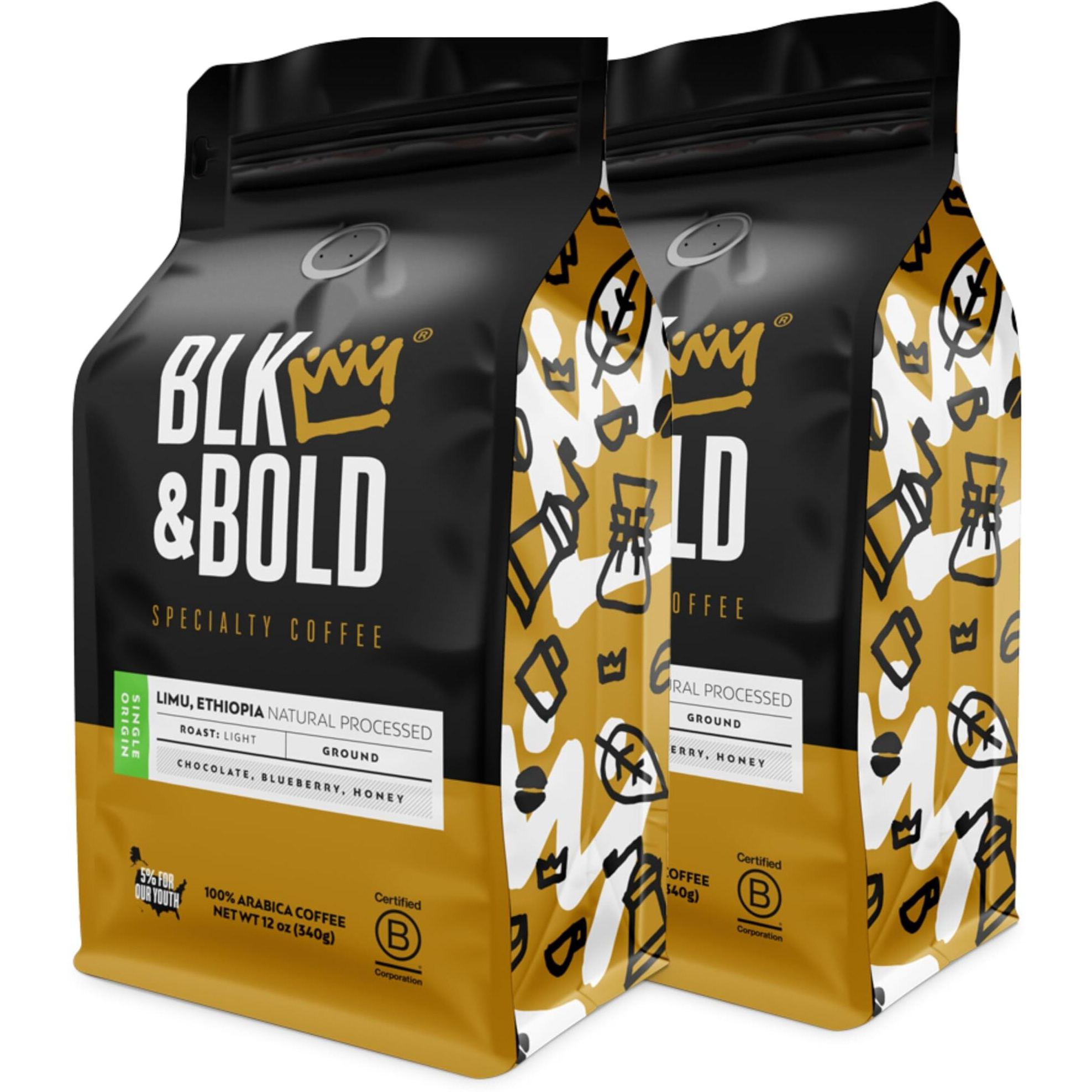 Blk & Bold Ground Coffee, Limu Ethiopia Single Origin Premium Light Roast, Natural Processed, 100% Arabica Beans, 12 Oz Bag (2 Pack)