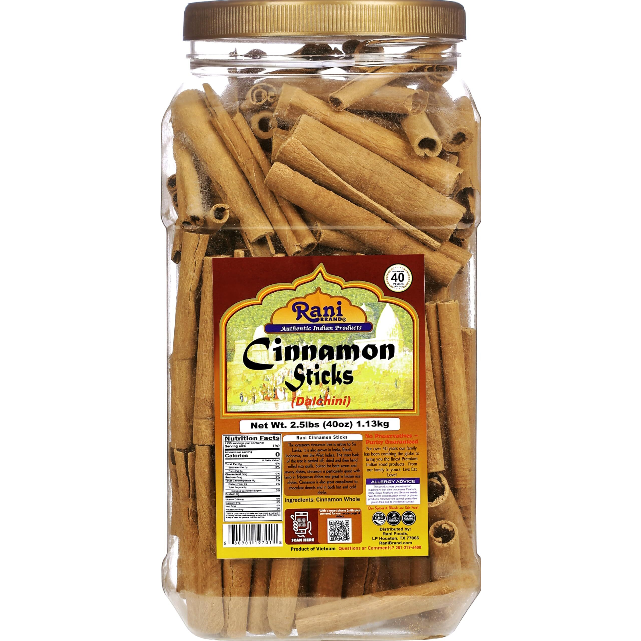 Rani Cinnamon Sticks 40Oz (2.5Lbs) 1.13Kg Bulk Pet Jar - 220-250 Sticks - Strong Aroma, Perfect For Baking, Cooking & Beverages | 3+ Inches Length - Cassia Saigon Cinnamon From Vietnam | Kosher