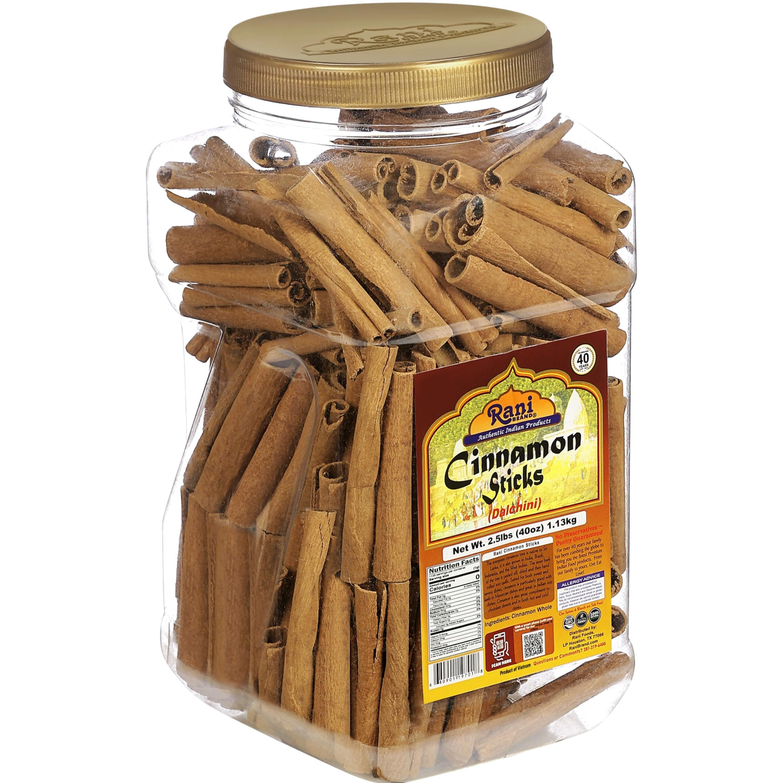 Rani Cinnamon Sticks 40Oz (2.5Lbs) 1.13Kg Bulk Pet Jar - 220-250 Sticks - Strong Aroma, Perfect For Baking, Cooking & Beverages | 3+ Inches Length - Cassia Saigon Cinnamon From Vietnam | Kosher