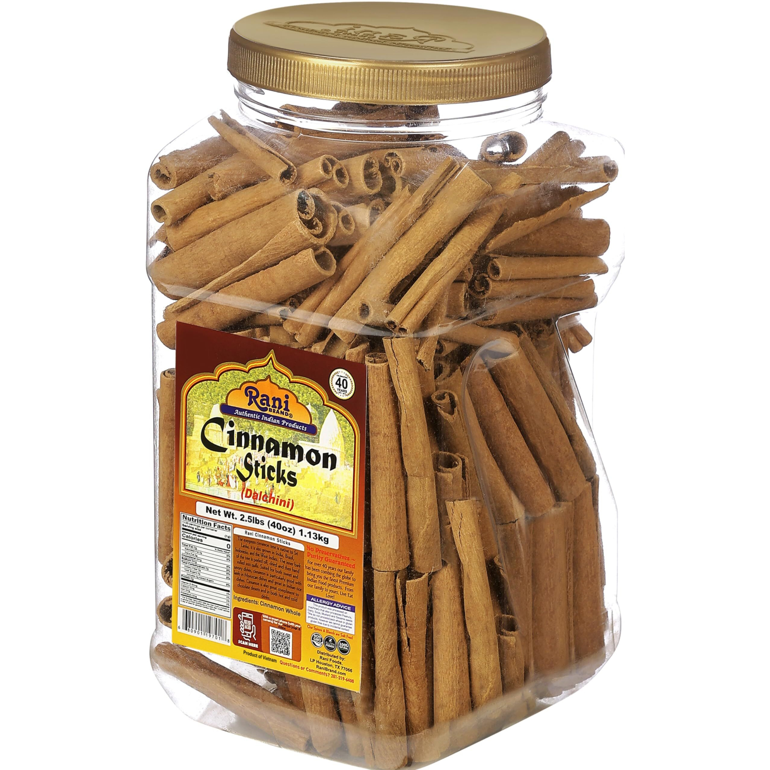 Rani Cinnamon Sticks 40Oz (2.5Lbs) 1.13Kg Bulk Pet Jar - 220-250 Sticks - Strong Aroma, Perfect For Baking, Cooking & Beverages | 3+ Inches Length - Cassia Saigon Cinnamon From Vietnam | Kosher