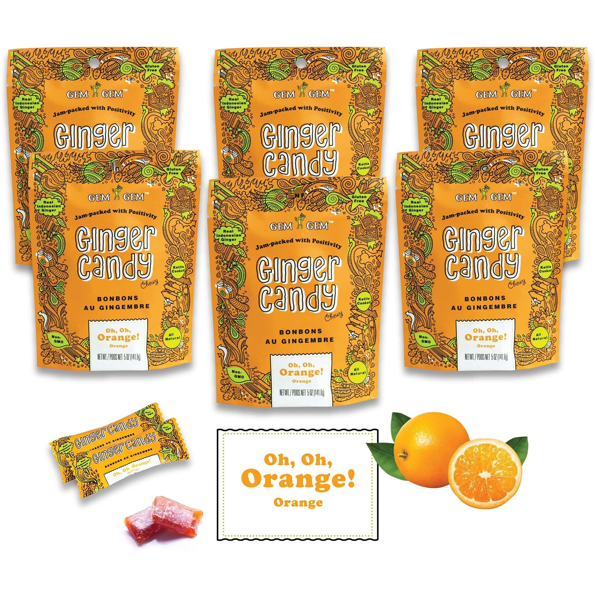Gem Gem Ginger Candy Chewy Ginger Chews (Orange, 5.0Oz, Pack Of 6)
