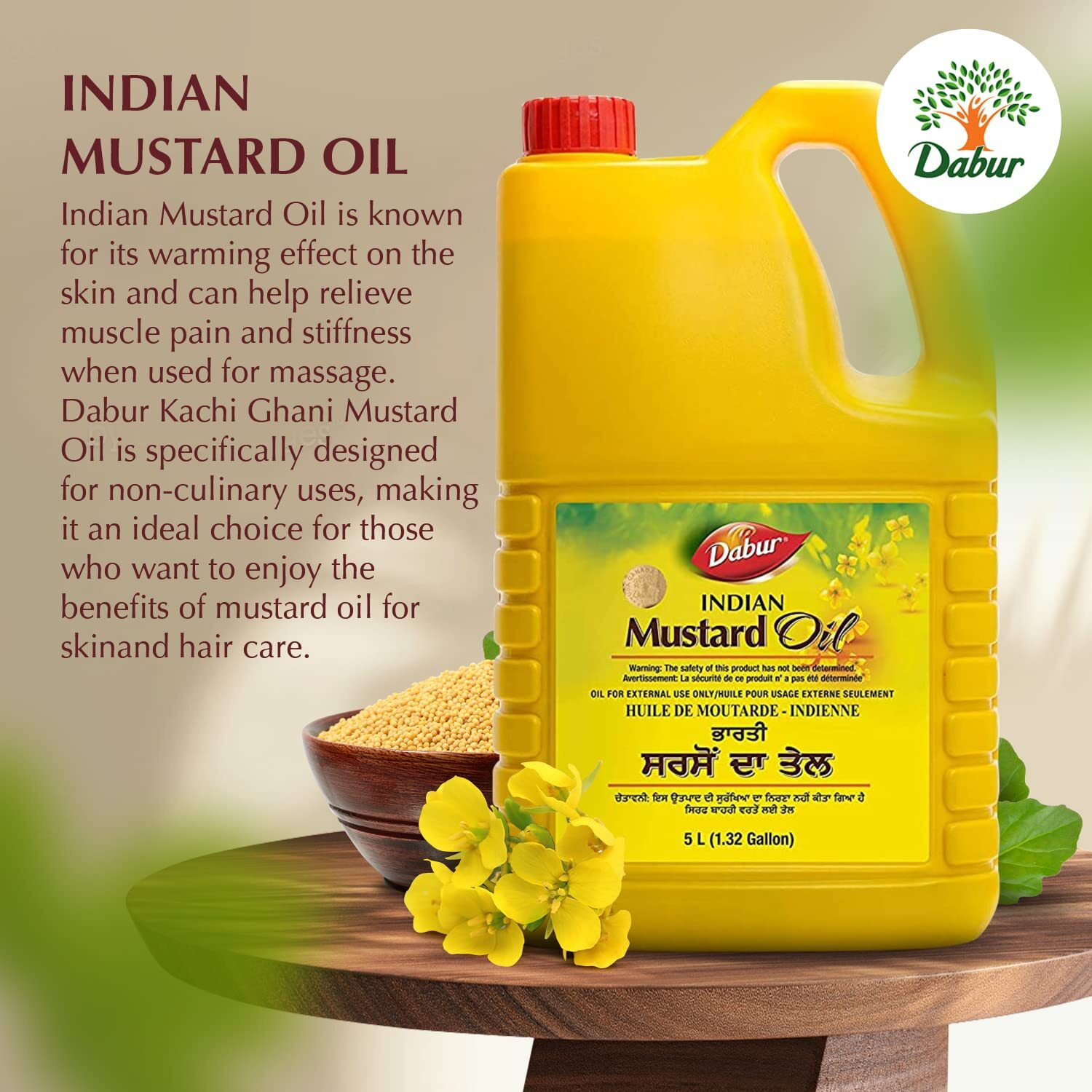 Dabur Kachi Ghani Mustard Oil - Oil For Skin And Hair Care, Cold-Pressed Oil Body Massage, Therapeutic-Grade Mustard Oil, Natural Oil From Mustard Seeds, Unrefined Mustard Oil (5 Ltr.)