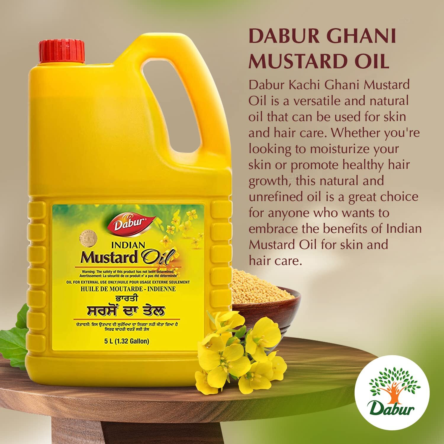 Dabur Kachi Ghani Mustard Oil - Oil For Skin And Hair Care, Cold-Pressed Oil Body Massage, Therapeutic-Grade Mustard Oil, Natural Oil From Mustard Seeds, Unrefined Mustard Oil (5 Ltr.)