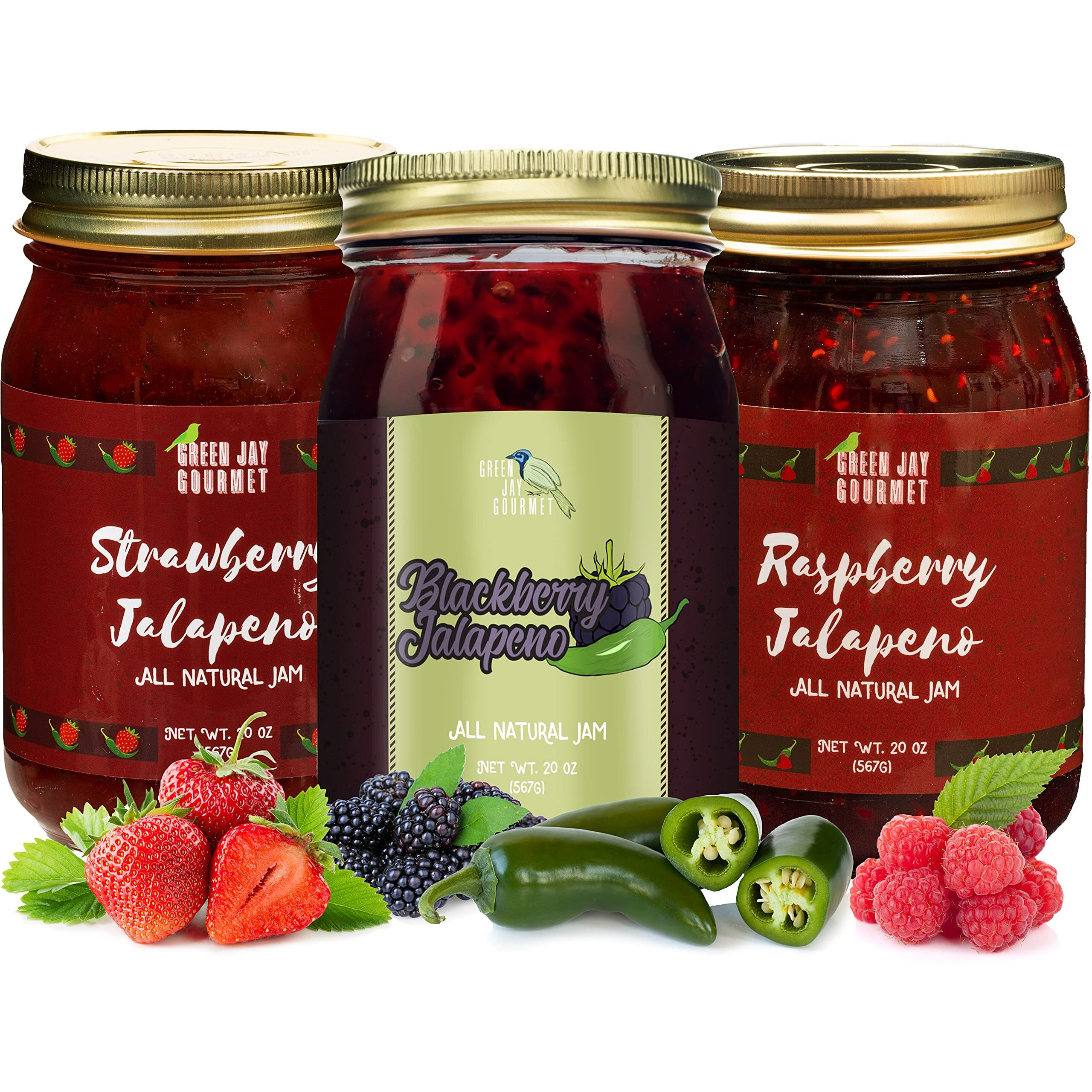 Green Jay Gourmet Spicy Jam Variety Pack - All-Natural Raspberry Jalapeno Jam, Strawberry Jalapeno Jam, Blackberry Jalapeno Jam - Vegan, Gluten-Free Jam - No Preservatives - Usa Made - 3 X 20 Ounces