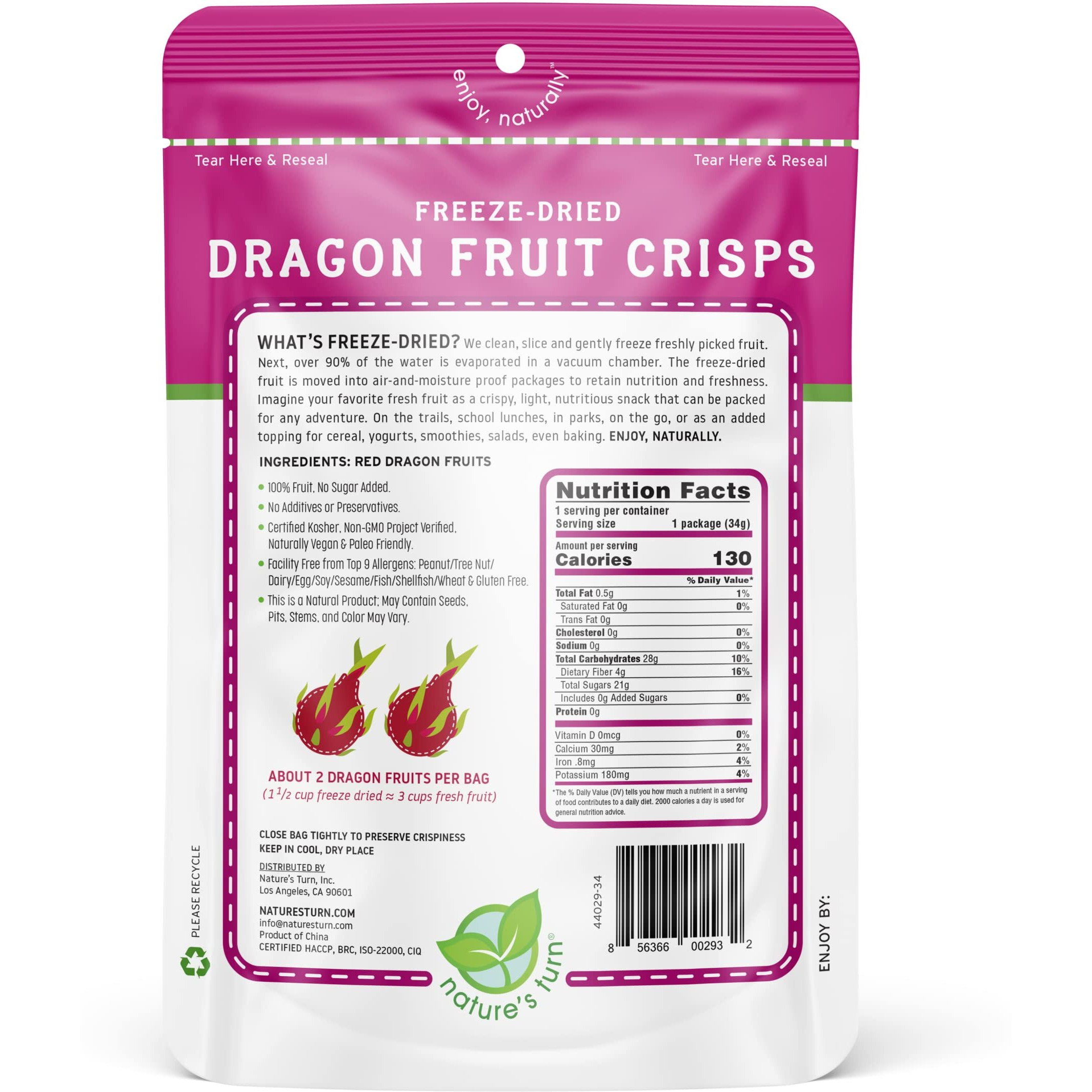 Nature's Turn Freeze-Dried Fruit Snacks, Dragon Fruit Crisps, Pack Of 6 (1.2 Oz Each)