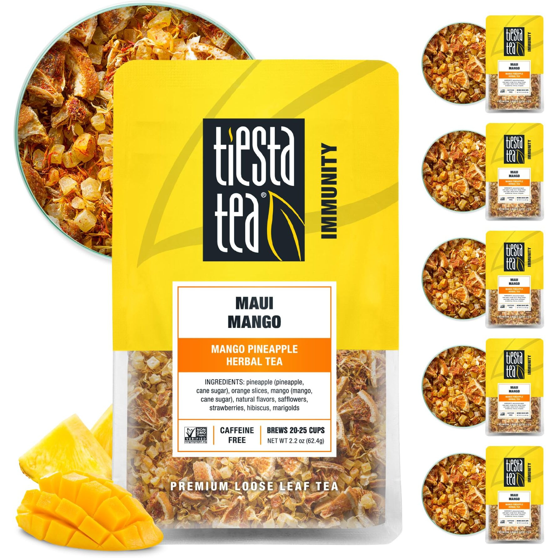 Tiesta Tea - Maui Mango | Mango Pineapple Herbal Tea | Premium Loose Leaf Tea Blend | Non-Caffeinated Fruit Tea | Make Hot Or Iced Tea & Brews Up To 25 Cups - 13.2 Ounce Resealable Pouch, Pack Of 6