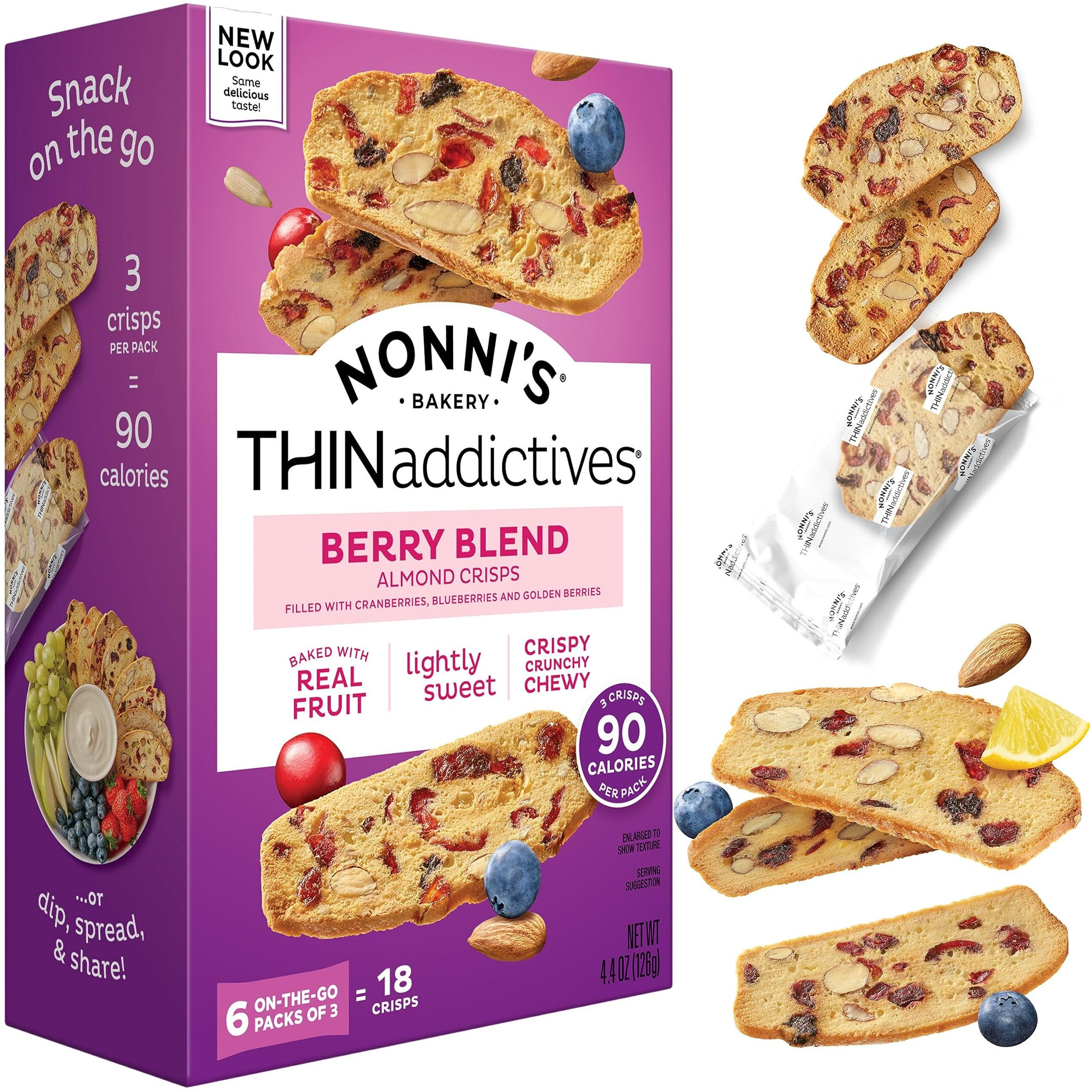 Nonni's Thinaddictives Almond Thin Cookies - Berry Blend Almond Cookies - Almond Cookie Thins W/Cranberries Blueberries Goldenberries Raisins Sunflower Seeds - Kosher - 4.4 Oz