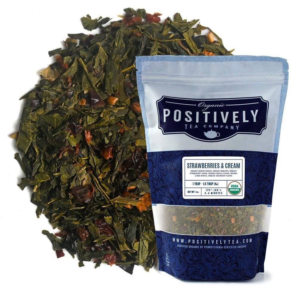 Organic Positively Tea Company, Strawberries And Cream, Green Tea, Loose Leaf, 16 Ounce