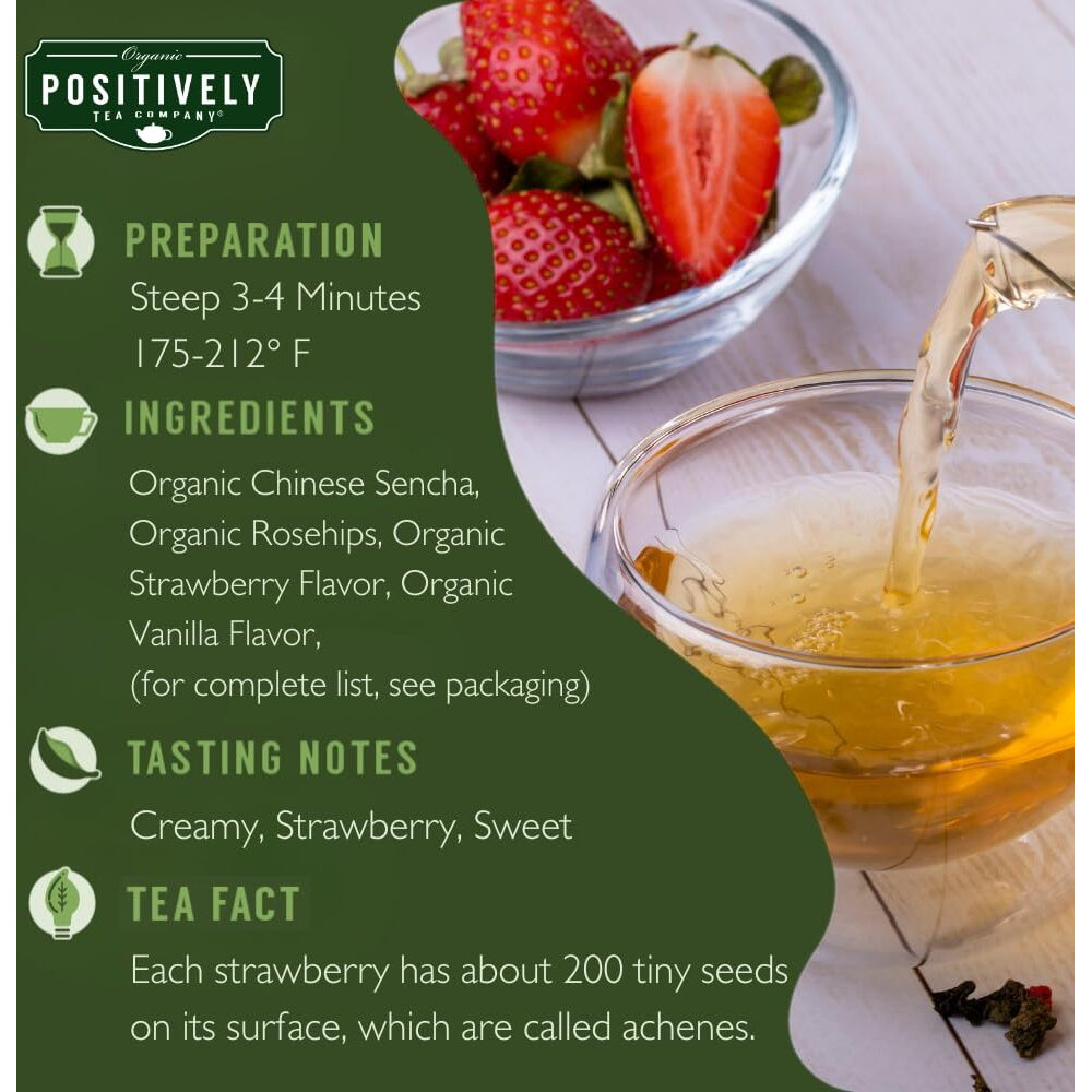 Organic Positively Tea Company, Strawberries And Cream, Green Tea, Loose Leaf, 16 Ounce