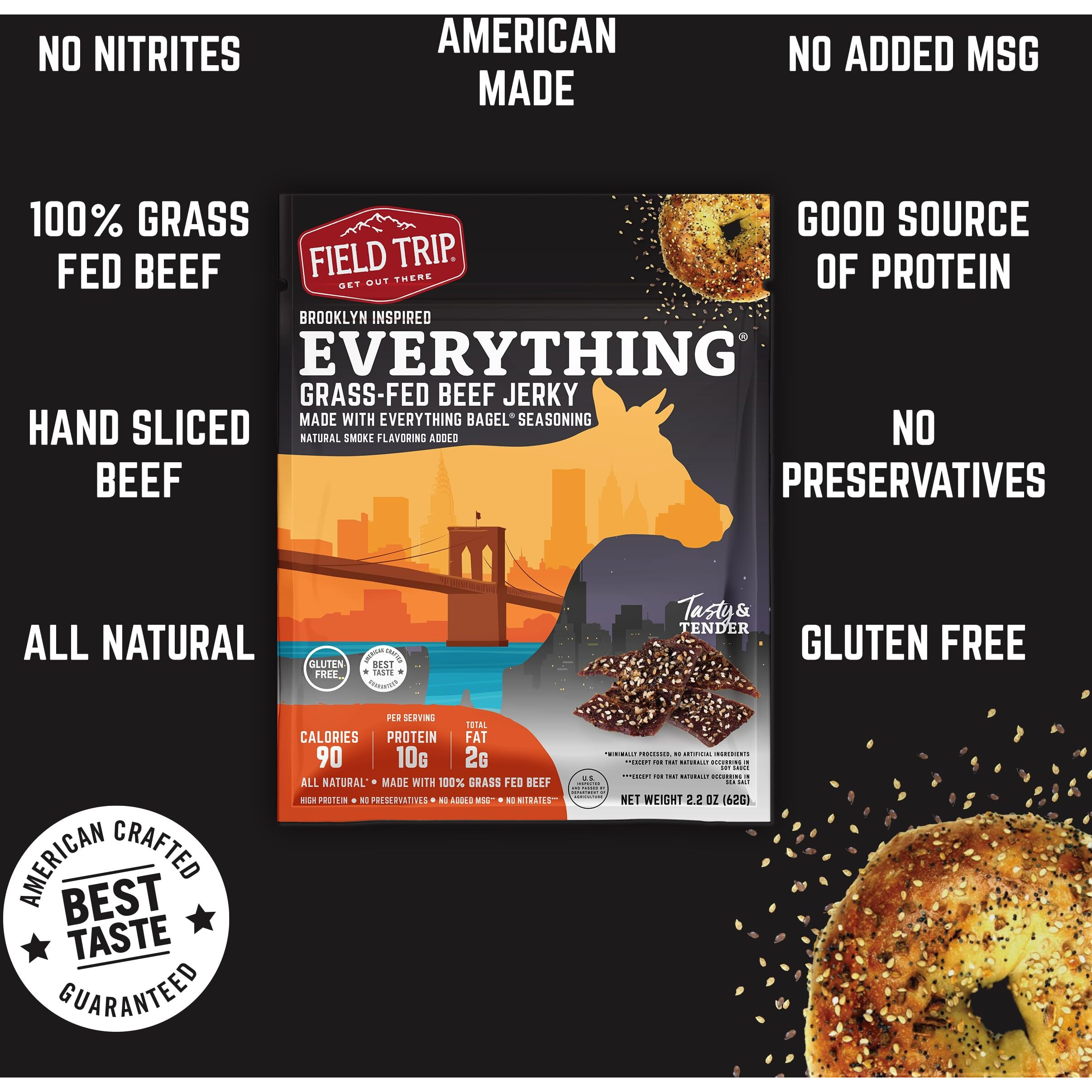 Field Trip Grass Fed Beef Jerky, Healthy Gluten Free Snacks, All Natural, Paleo-Friendly Beef Jerky, High Protein, Low Carb Snack With No Nitrates, 2.2Oz Bag, 4 Pack, Everything Bagel