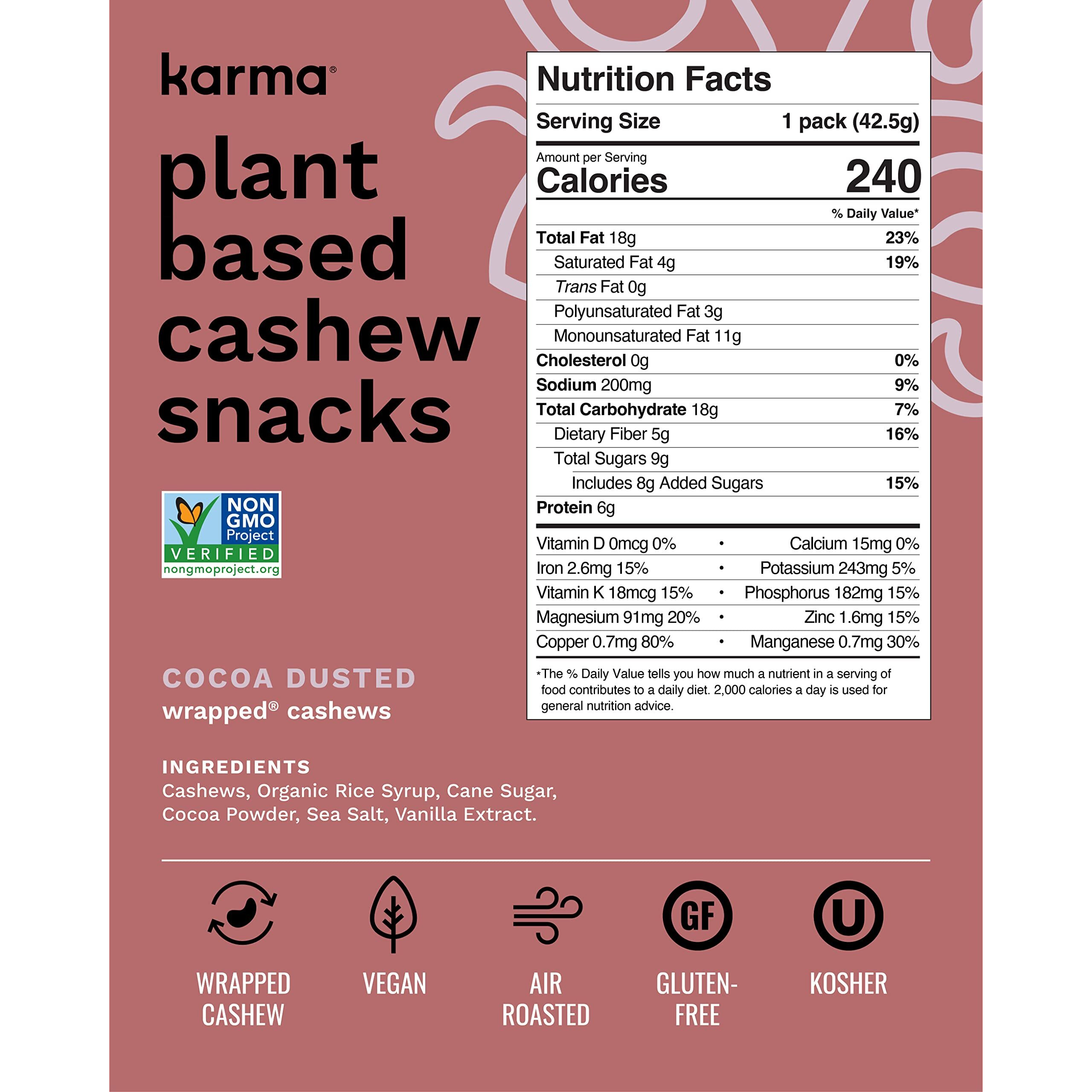 Cocoa Dusted Cashews With Skin By Karma Nuts, Whole, Sweet, Roasted, Vegan, Gluten Free, Low Net Carb, Natural, Everyday Nut Snack, 1.5 Ounce (12 Snack Packs)