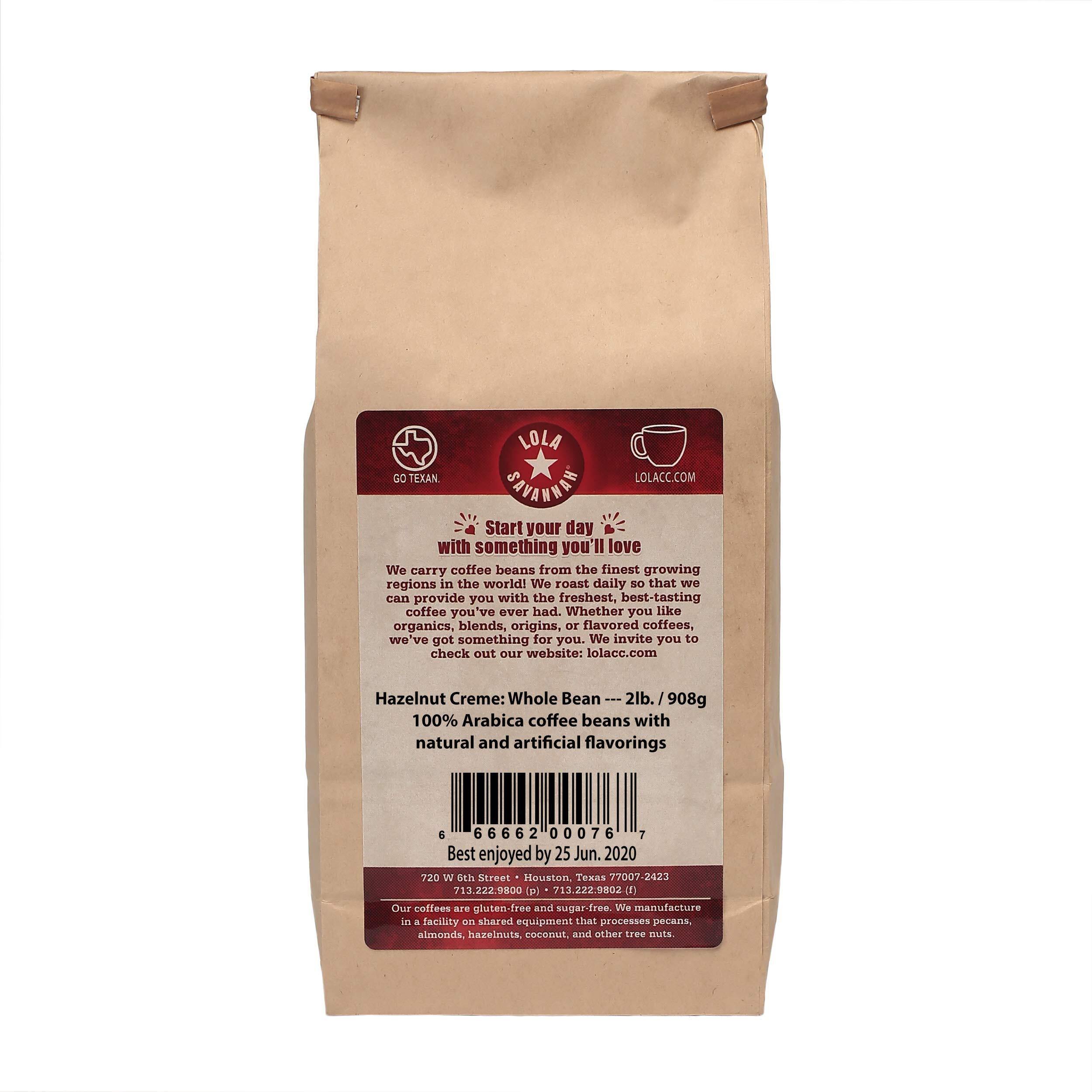 Lola Savannah Hazelnut Crme Whole Bean Caffeinated Coffee, 2Lb